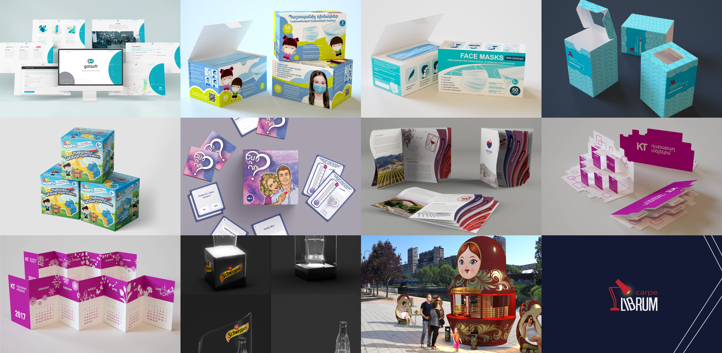 Earlier brand & graphic work — a 4×3 collage of identity, packaging, board games, print, and advertising projects.