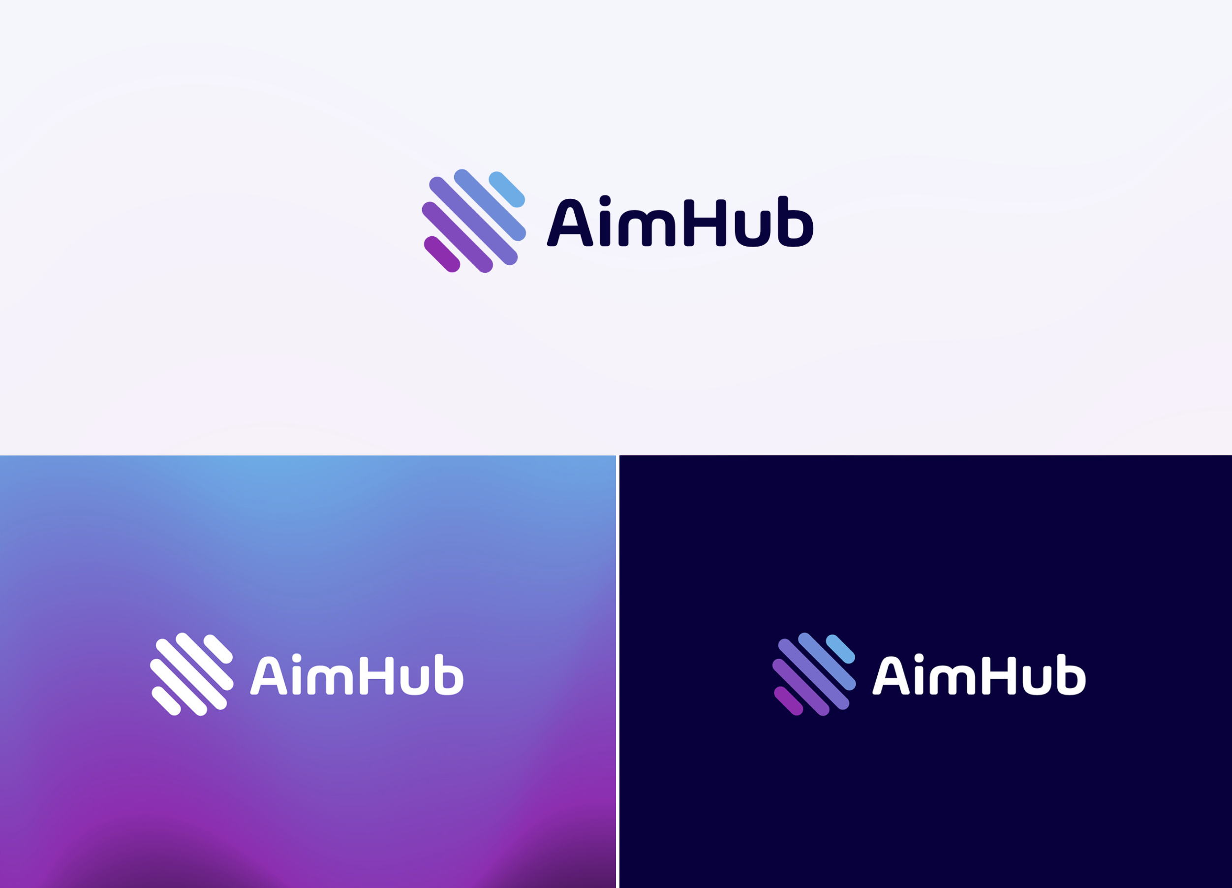 AimHub — logo redesign, shown on light, gradient and dark grounds.