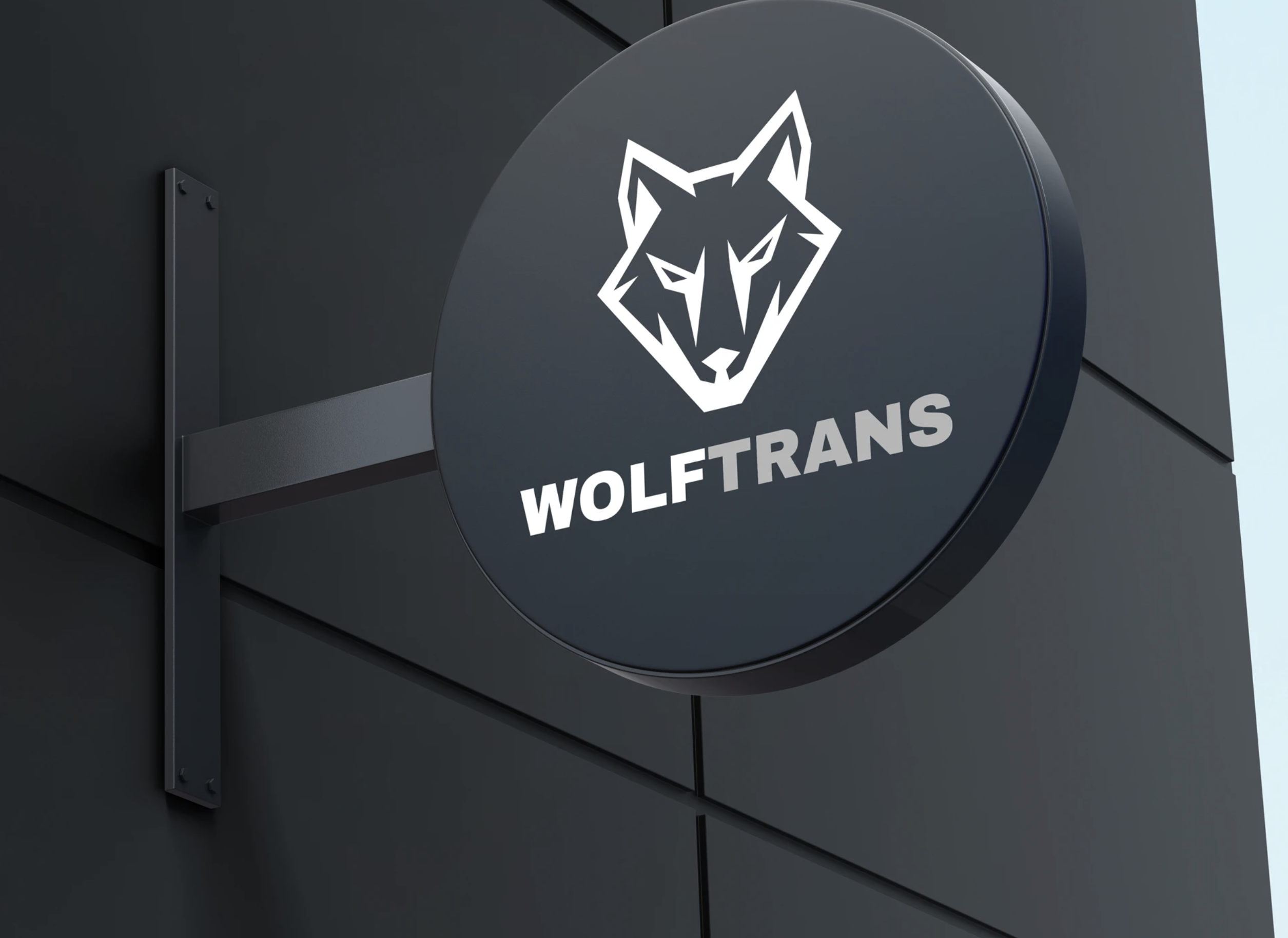 WolfTrans — logo for a transportation company, on signage.