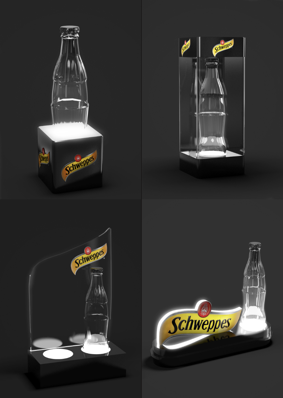 Schweppes — illuminated point-of-sale display stands.
