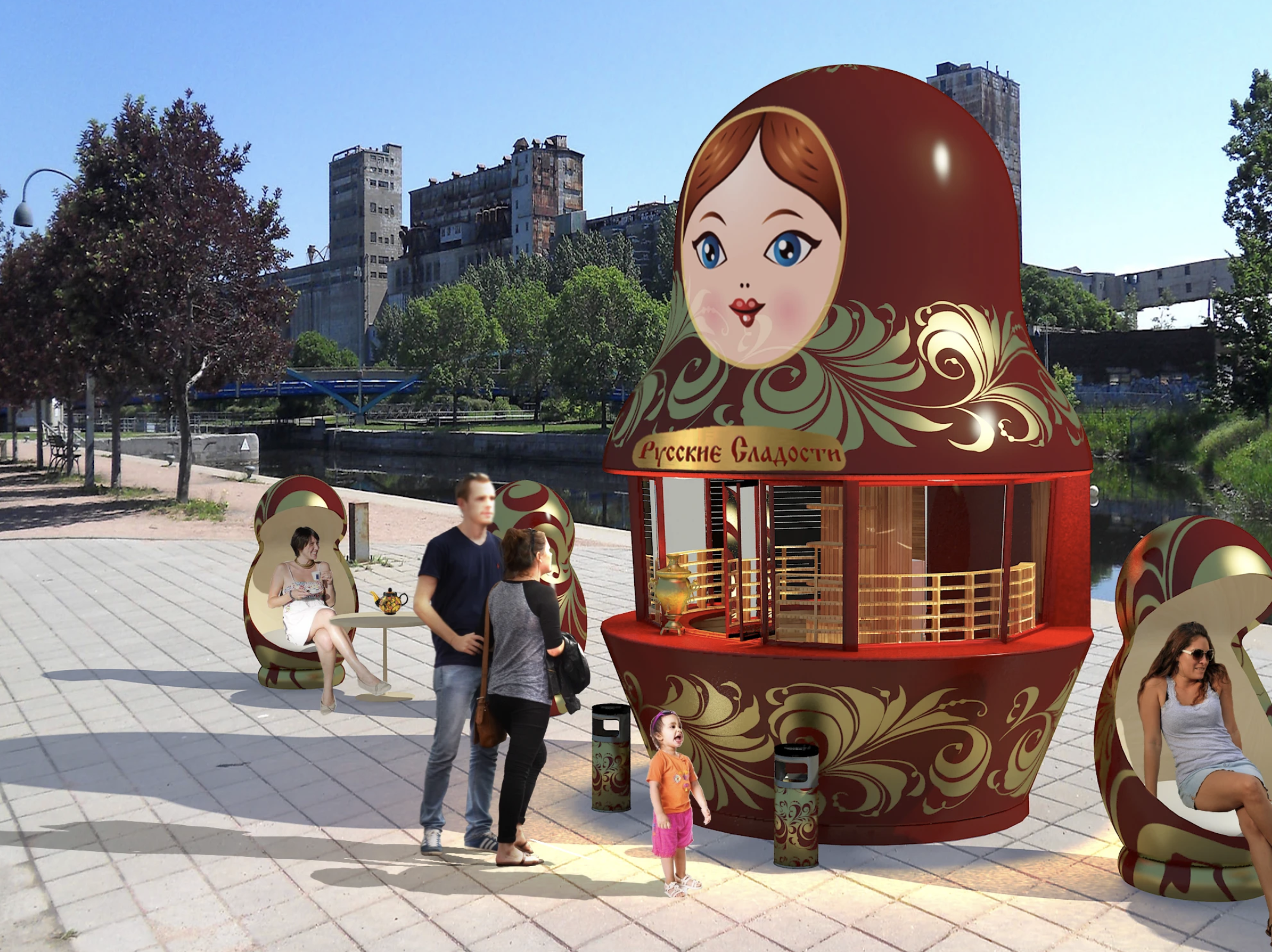 Matryoshka Russian sweets — kiosk concept and seating, riverside render.