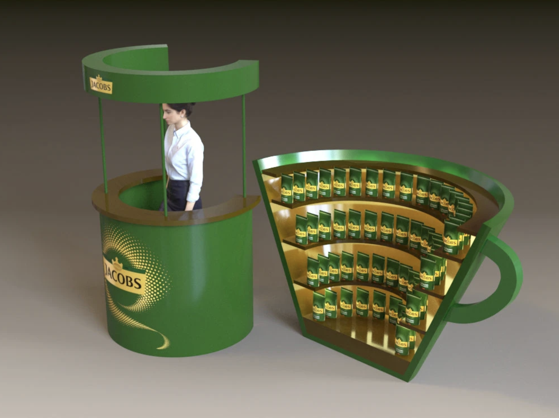 Jacobs coffee — cup-shaped promotional booth and display.