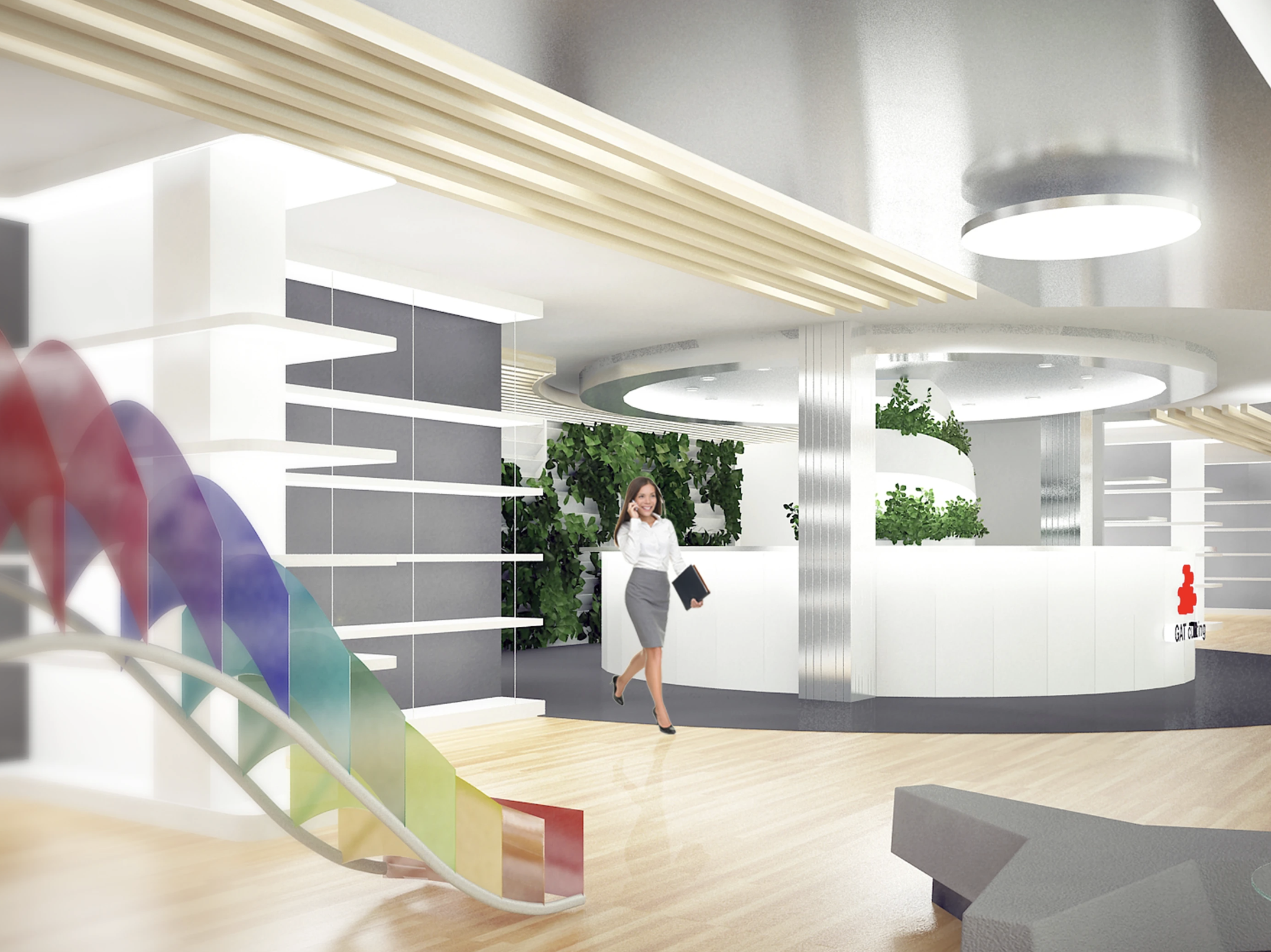 GAT Cutting — office interior with rainbow staircase and living walls.