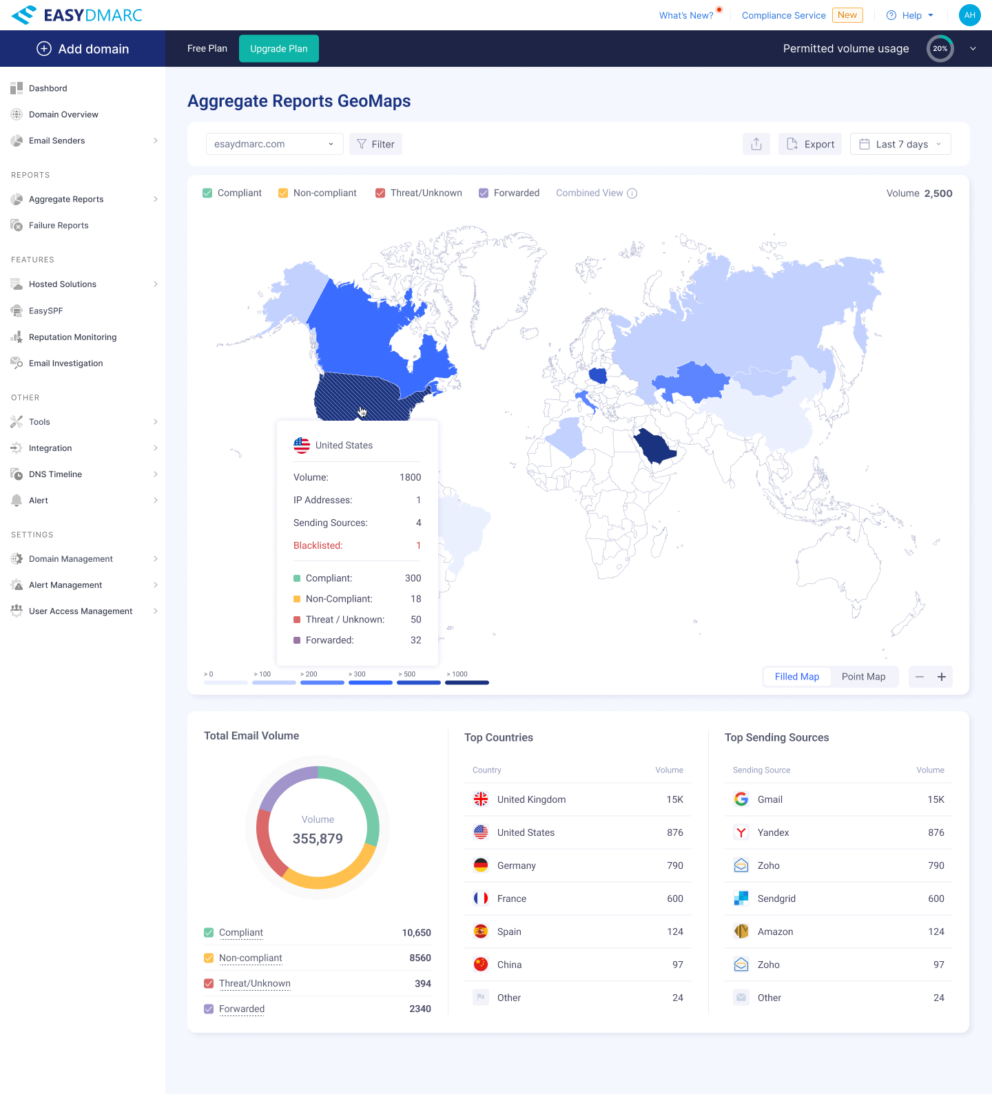 GeoMaps — a Threat / Unknown legend tooltip with the category definition and the DMARC policy implications.
