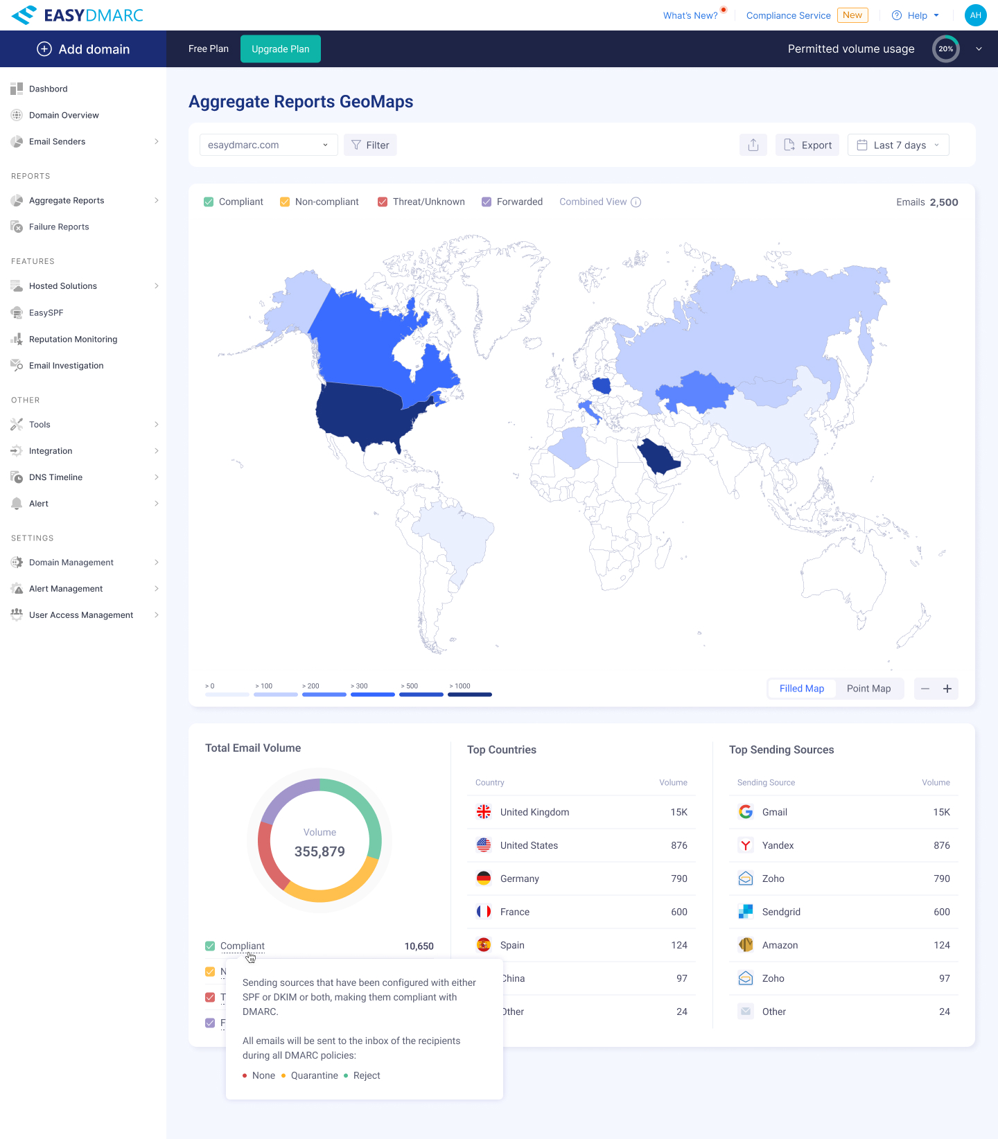 GeoMaps — Combined View. The Filled Map overlaid with category markers, plus a tooltip on the Compliant legend chip explaining what classifies an email as compliant under DMARC.