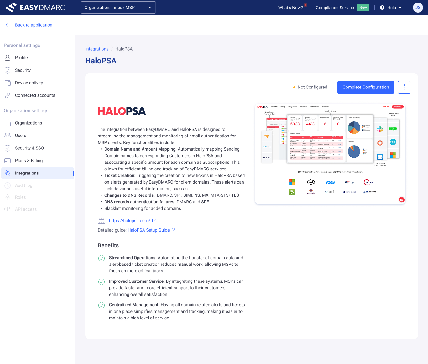 HaloPSA integration detail page — a 'Not Configured' status with a Complete Configuration button, a description of what the integration does (domain mapping, ticket creation, DNS-change and authentication-failure alerts), a product preview, and a Benefits list.
