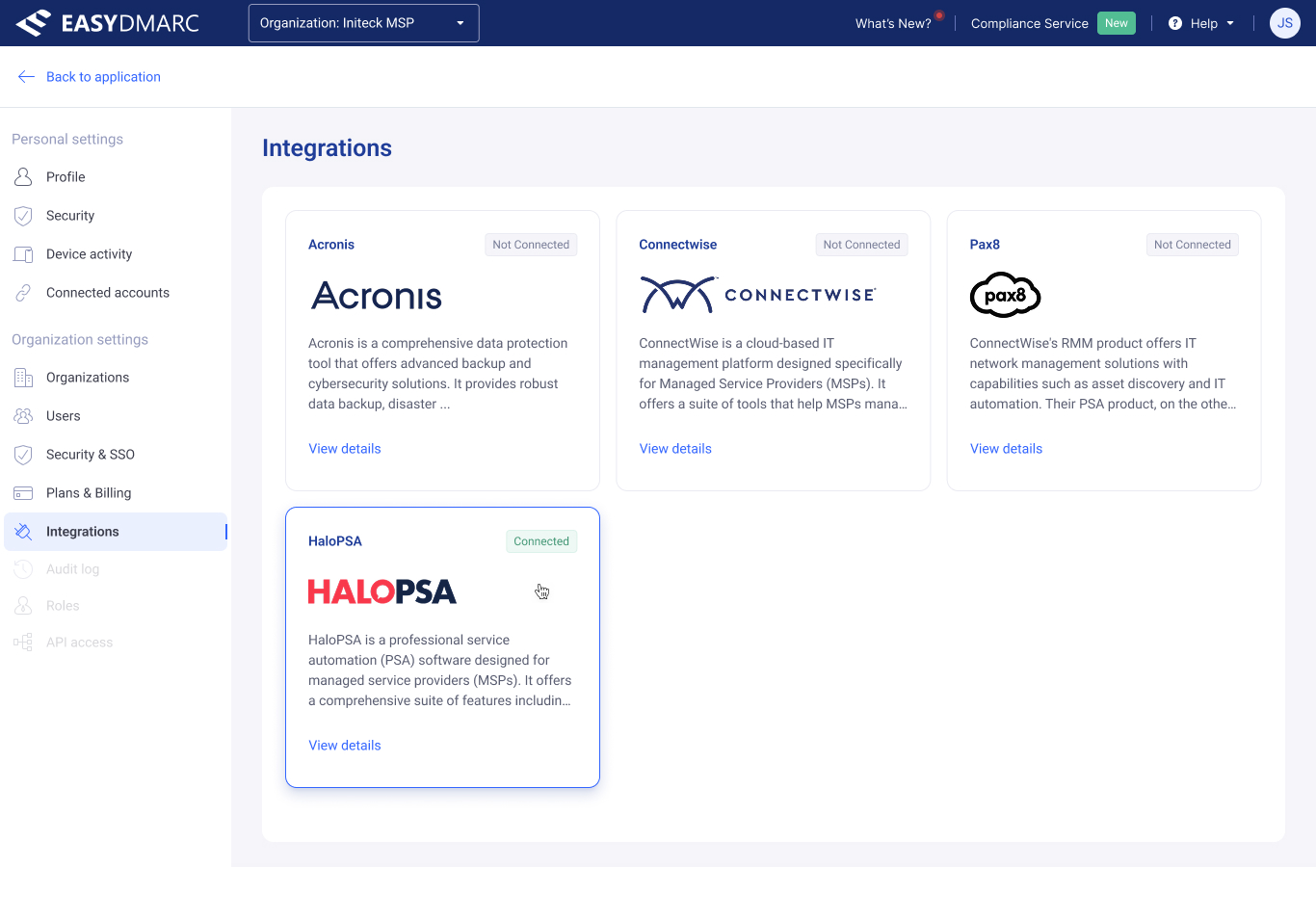 Integrations catalog — a grid of integration cards (Acronis, ConnectWise, Pax8, HaloPSA) each with a Connected / Not Connected status pill and a 'View details' link.
