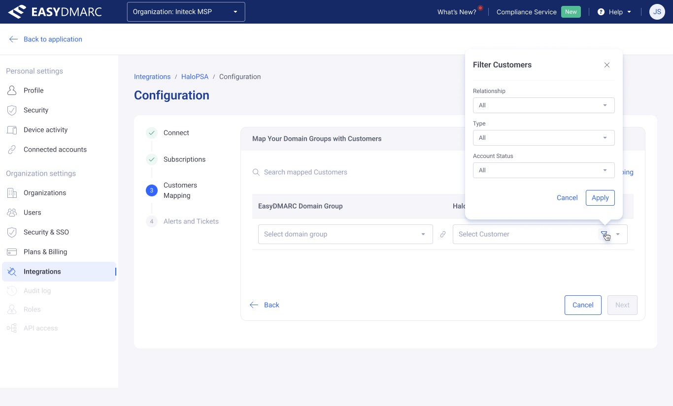 Integration setup — Step 3, Customers Mapping. A table mapping EasyDMARC Domain Groups to HaloPSA Customers, with a Filter Customers popover (Relationship, Type, Account Status) open.