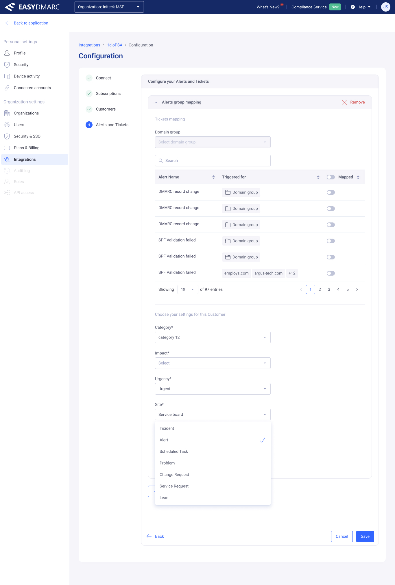 Integration setup — Step 4, Alerts and Tickets. An alerts-group mapping table (DMARC record change, SPF Validation failed) with per-alert Mapped toggles, and per-customer ticket settings (Category, Impact, Urgency, Site) with a ticket-type dropdown open.