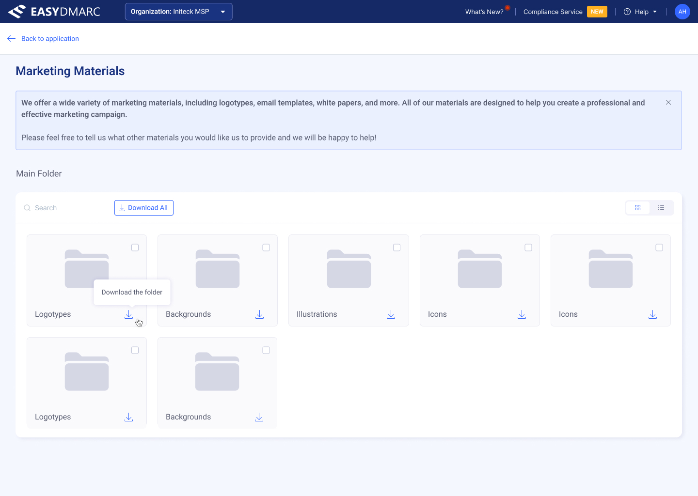 Marketing Materials — Logotypes folder list view, with columns for File Name, File Format, and File Size, plus per-row selection checkboxes.