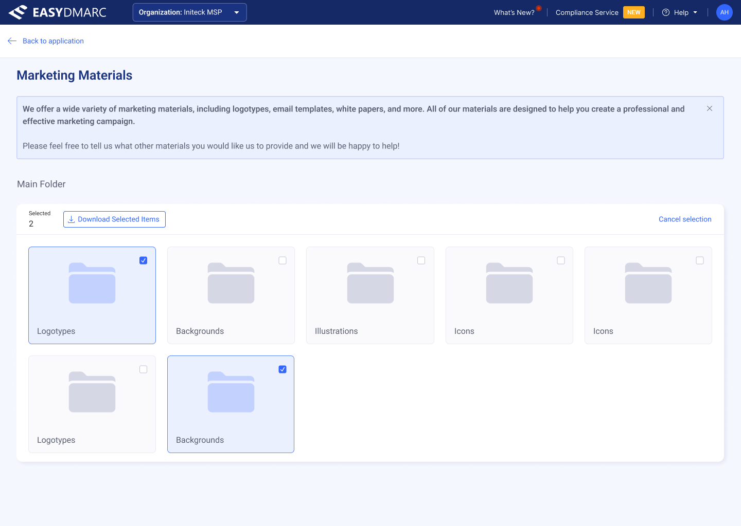 Marketing Materials — list view with two files selected and a 'Download Selected Items' action bar at the top of the table.