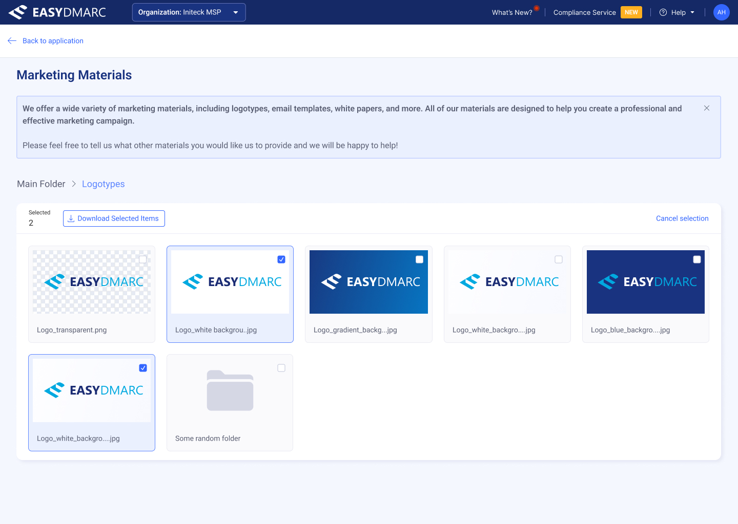 Marketing Materials — Logotypes folder with two assets selected, a 'Download Selected Items' action and 'Cancel selection' link visible in the header.