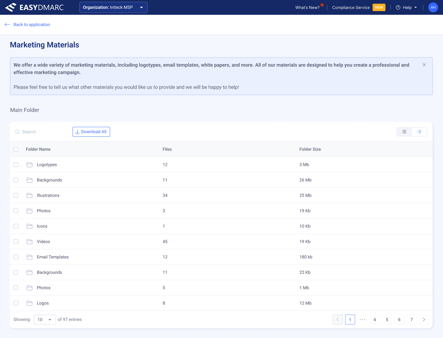Marketing Materials — list view of the root folder, with columns for Folder Name, Files count, and Folder Size.