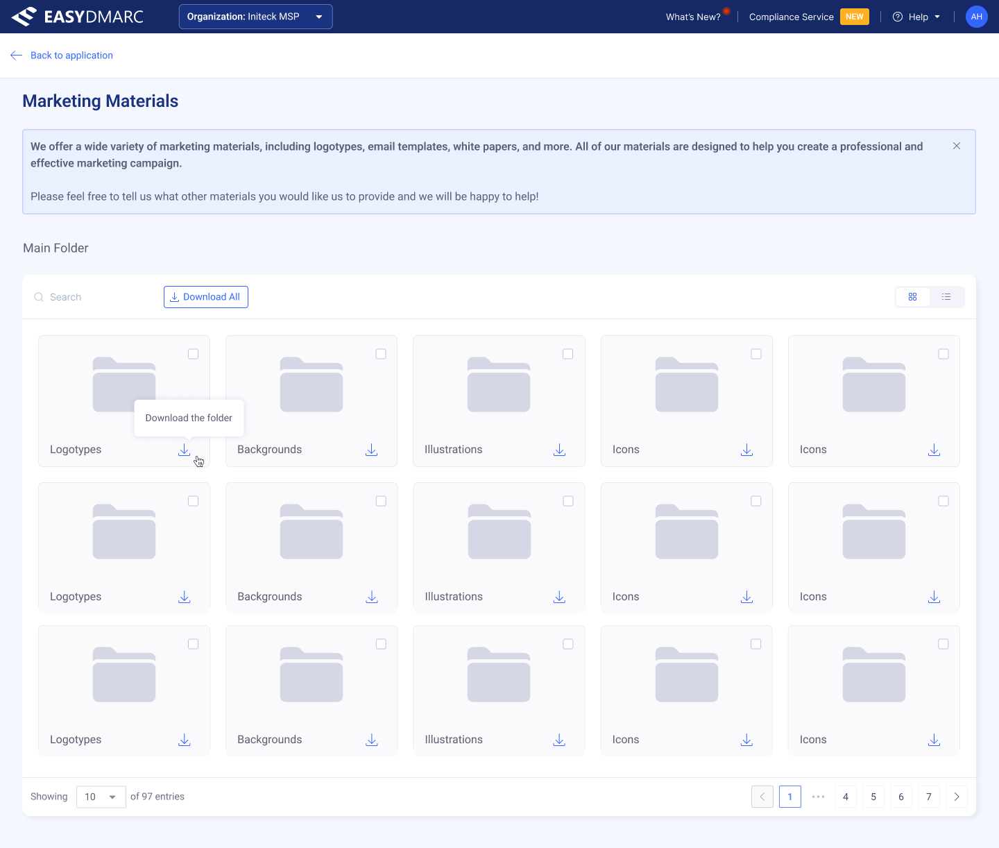 Marketing Materials — root folder grid. Folder cards labeled Logotypes, Backgrounds, Illustrations, Icons, with a Download tooltip on a folder's icon button.