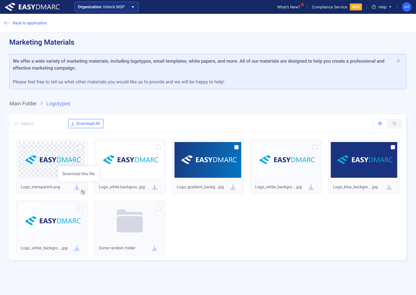 Marketing Materials — drilled into the Logotypes folder. Asset cards showing transparent, white-background, gradient, and blue-background variants of the EasyDMARC mark, plus a nested 'Some random folder'.