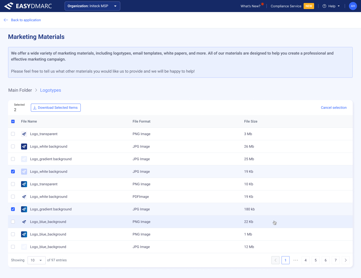 Marketing Materials — Logotypes folder in list view, paginated across 97 entries, with two assets selected and the 'Download Selected Items' / 'Cancel selection' controls active in the header.