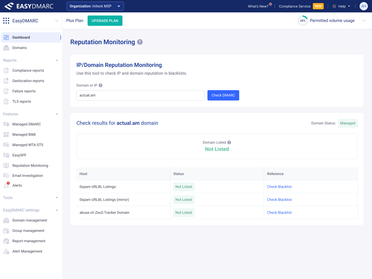 Reputation Monitoring — Change Domain Custom Name modal, with a single input for renaming a trial domain.