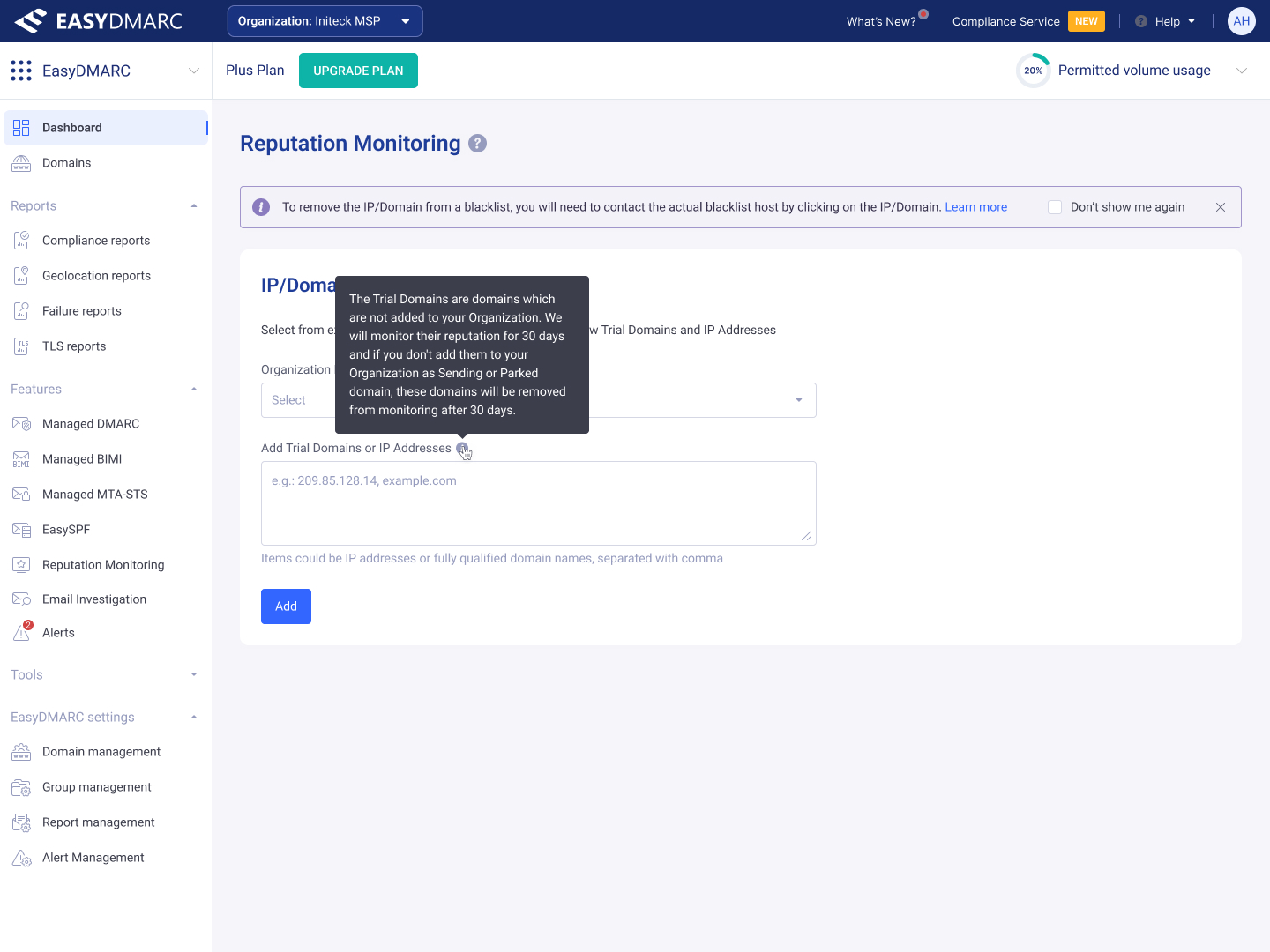 Reputation Monitoring — managed-domain row action menu, with a contextual Remove option.