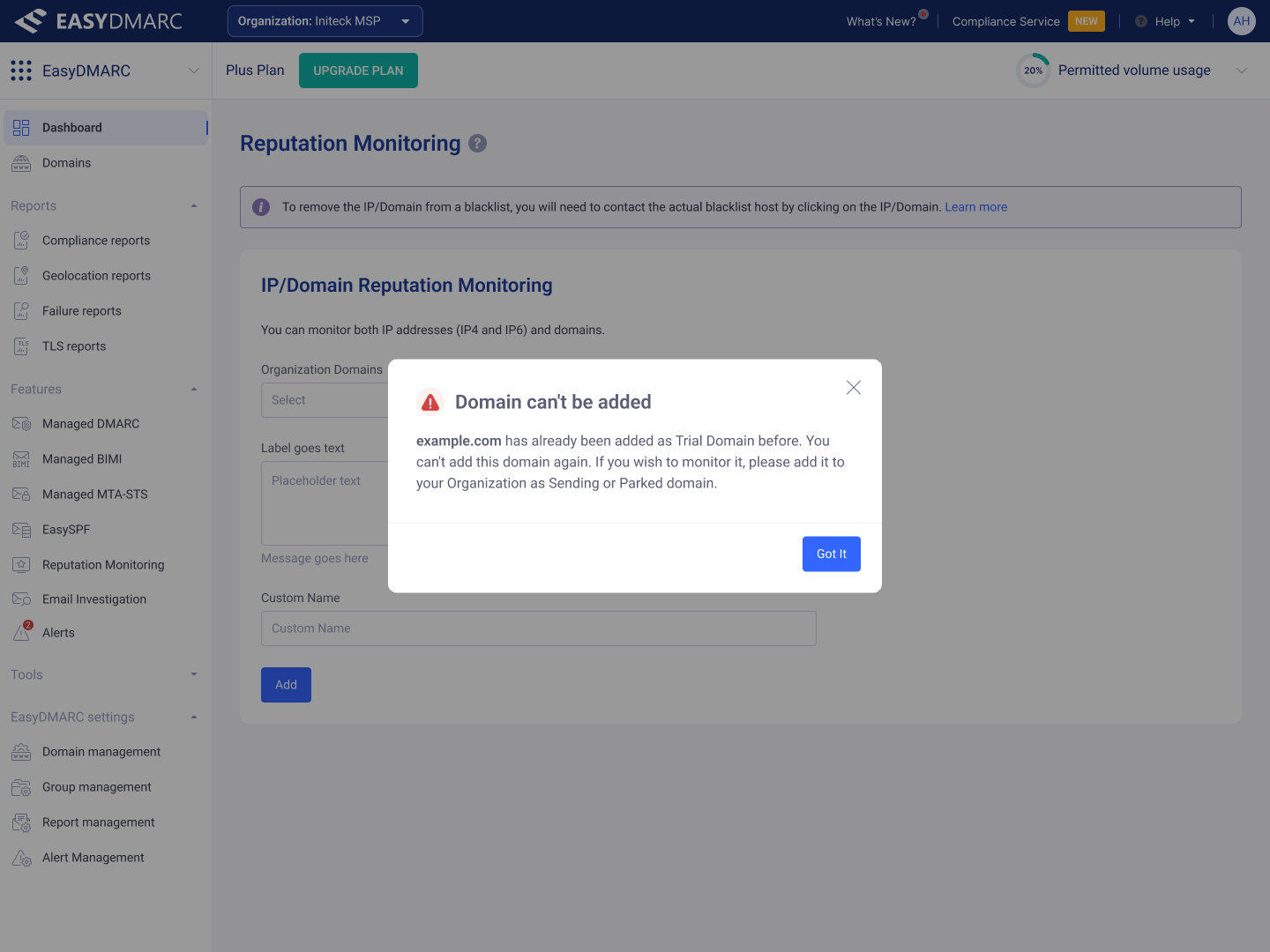 Reputation Monitoring — Add Trial Domains entry point and modal.