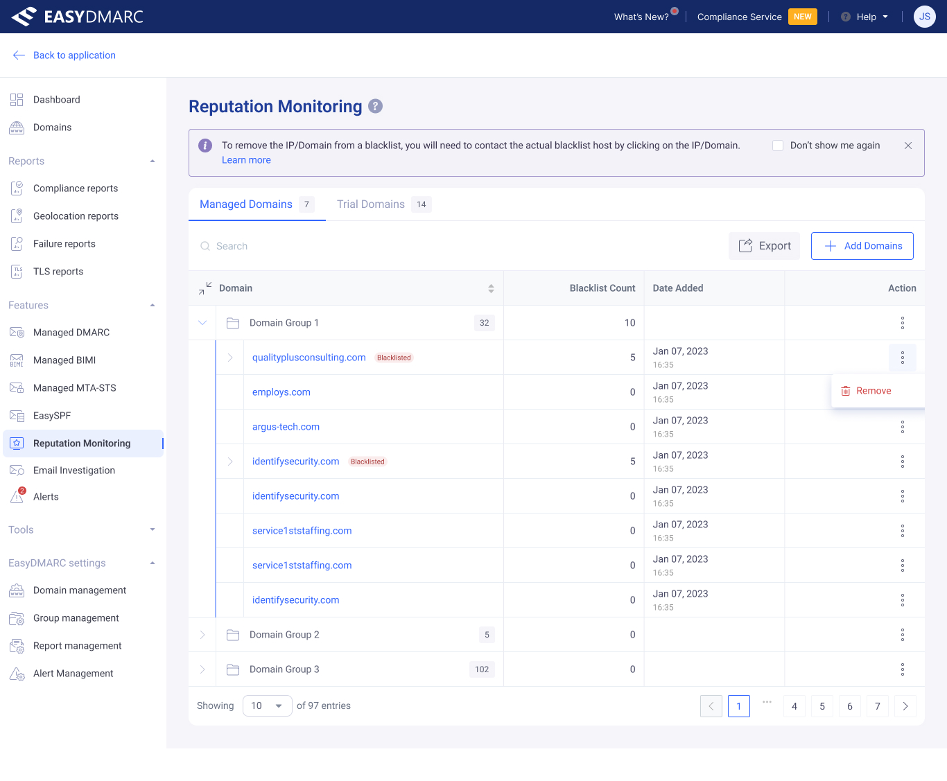 Reputation Monitoring — Trial Domains tab. A table of domains added for evaluation, each with a Trial Time Left column counting down from 30 days, a Custom Name field, and a per-row action menu.