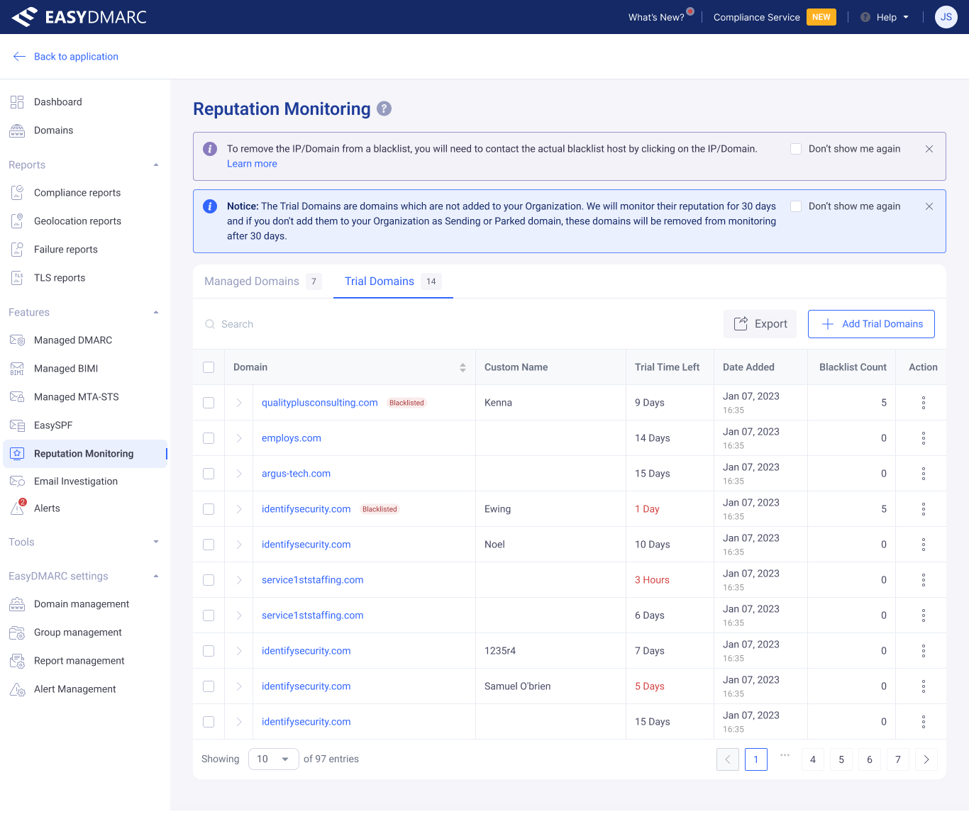 Reputation Monitoring — Trial Domains with a row expanded, showing the PTR / Source IP sub-table for the selected domain, with blacklist status badges per source IP.