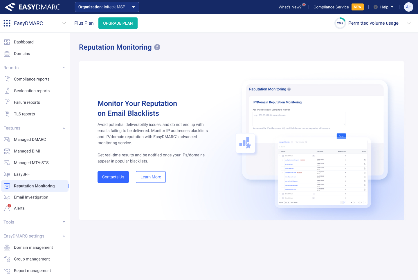 Reputation Monitoring — first-run blocking screen with a clear value statement and two CTAs (Contact Us, Learn More), illustrated with a preview of the tool the user will land in.