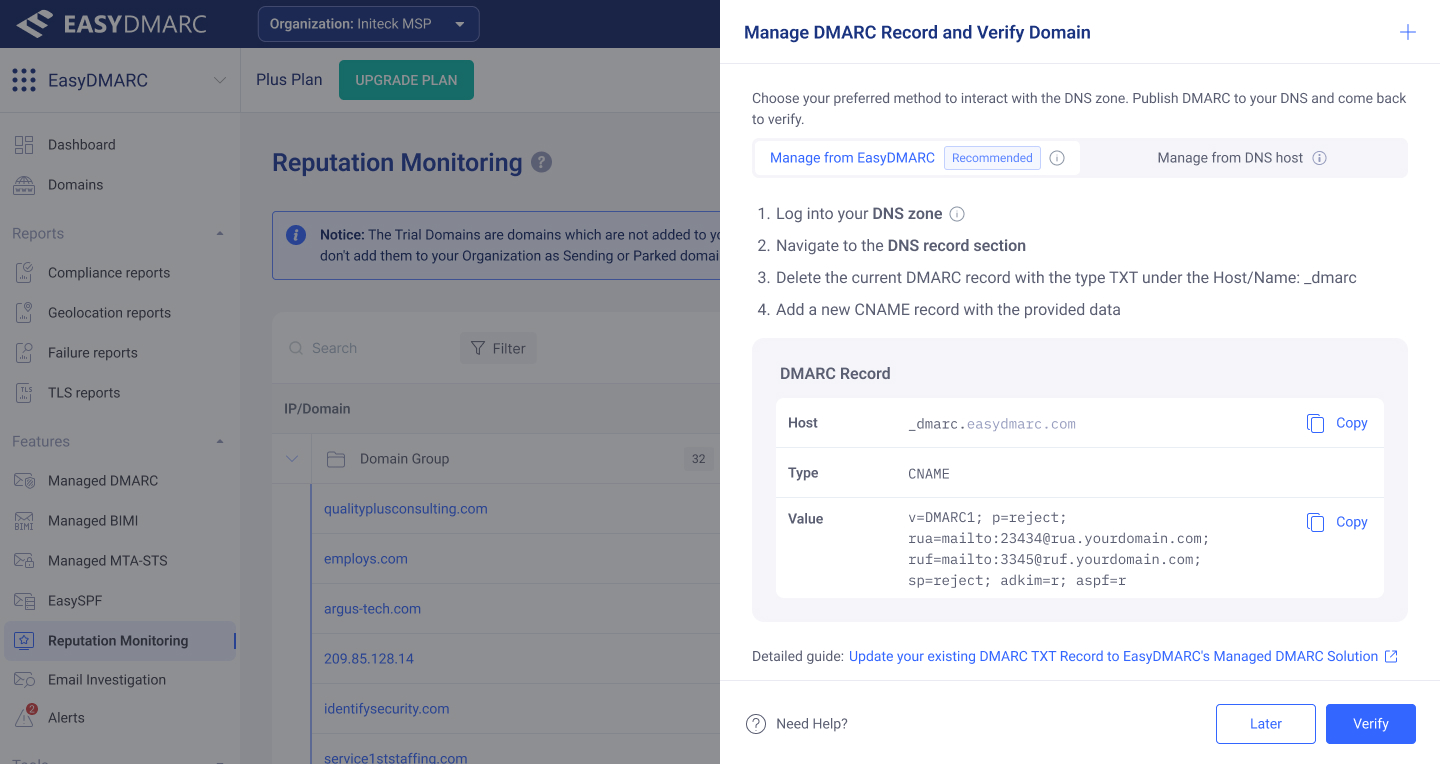 Add Domain — Step 2, management and verification. DMARC record verification with a Quick Guide block explaining what to add to DNS.