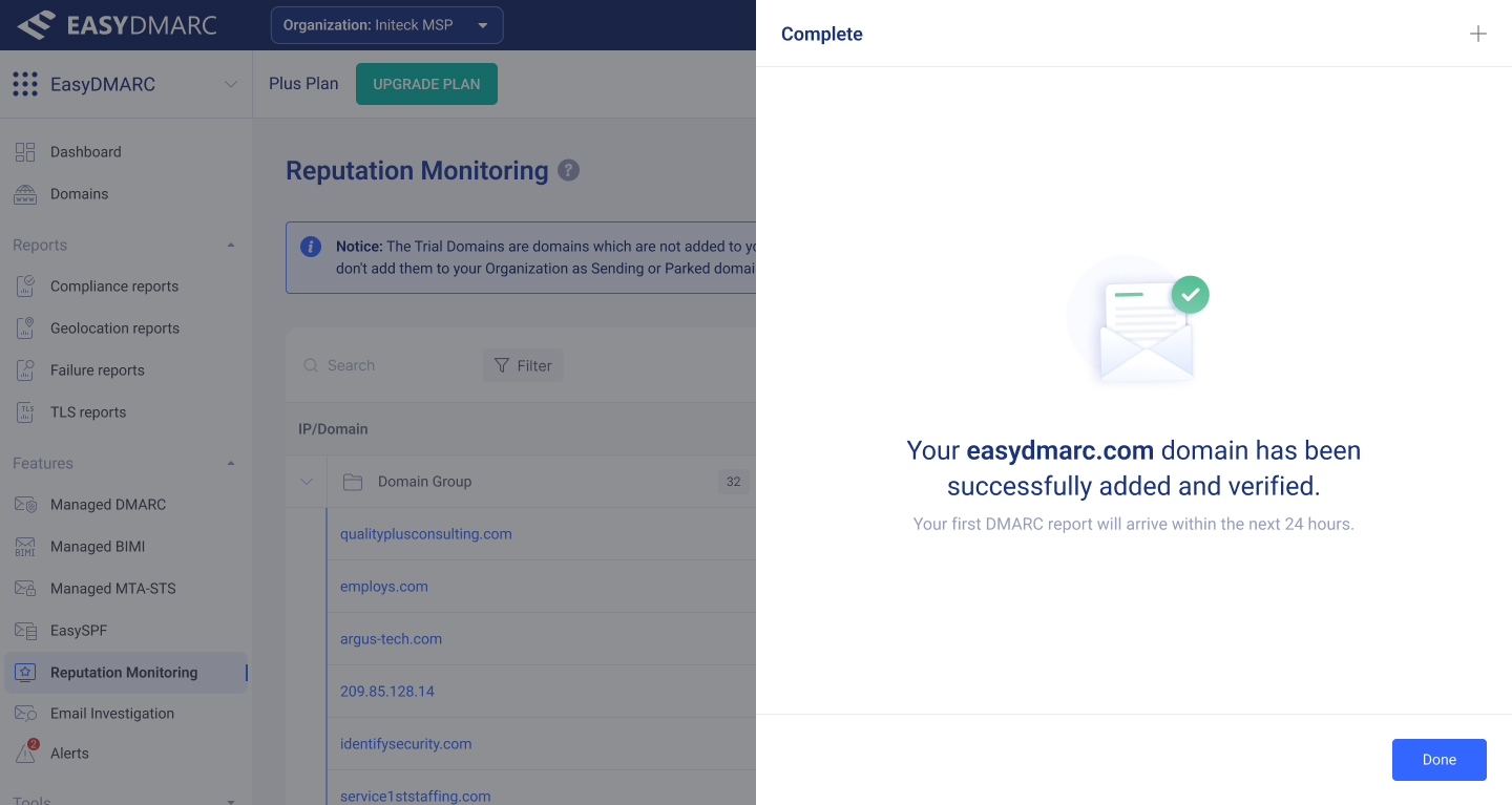 Add Domain — Step 3, final verification. A confirmation state showing successful verification and what monitoring will now run.
