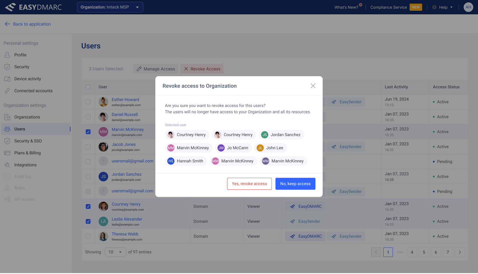 User Access Management — bulk operation. Three users selected, with a Manage Access / Revoke Access action bar at the top and a 'Revoke access to Organization' confirmation modal showing the selected users as chips.