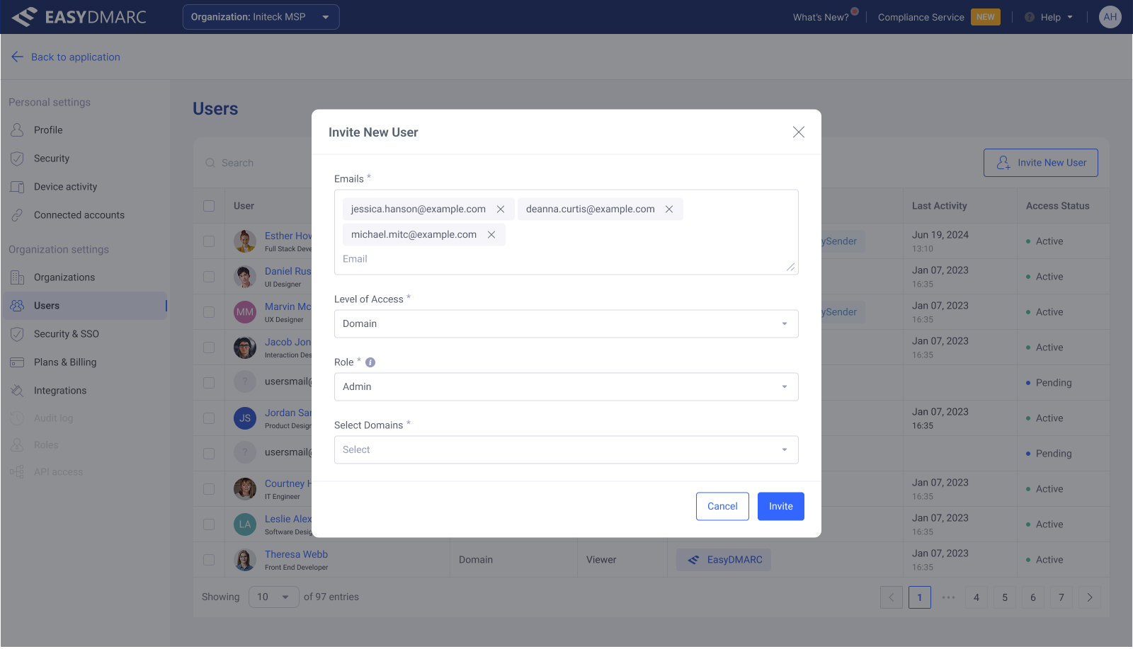 Invite New User modal — multi-email input with chips, Level of Access, Role, and Select Domains fields.