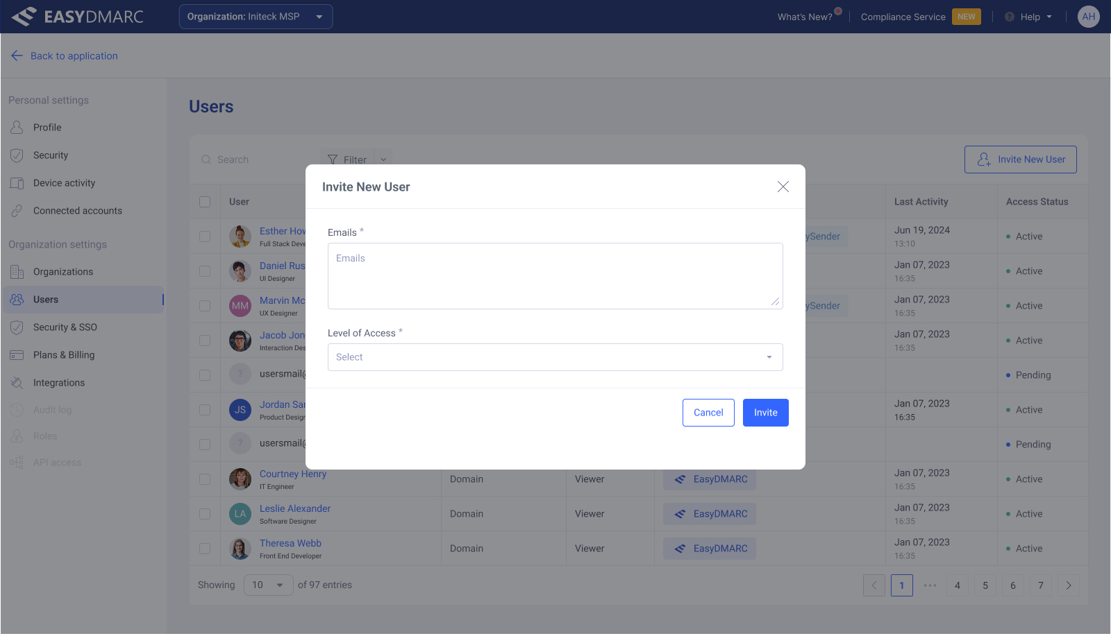 Invite New User modal — alternate state with a different Level of Access selected, the form re-shaped to match.