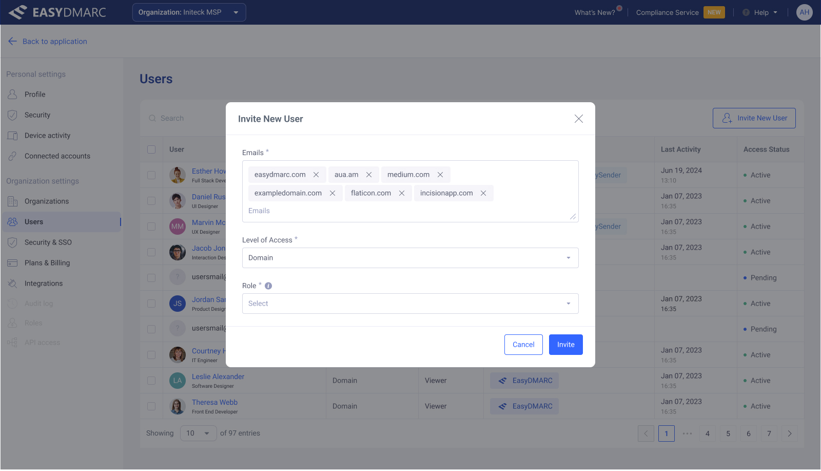 Invite New User modal — Role dropdown open, showing Admin / Editor / Viewer options with role descriptions.