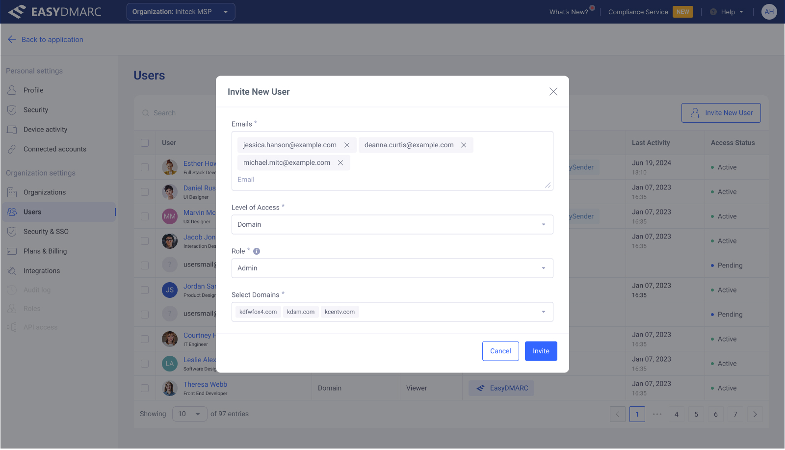 Invite New User modal — Select Domains dropdown open, grouped by domain group with checkboxes.