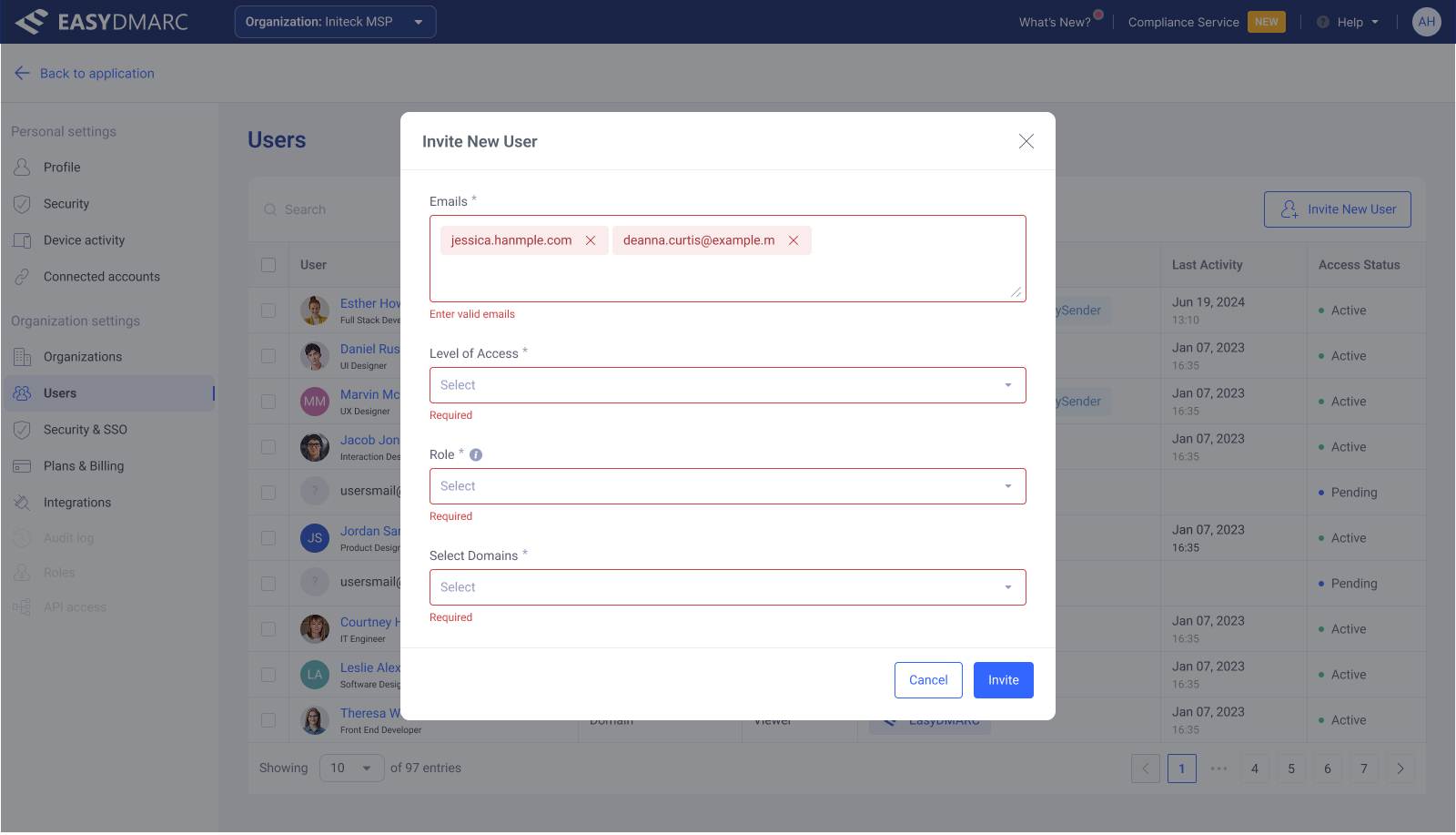 Invite New User modal — review state before sending, with a clear summary of who is being invited at what access level.