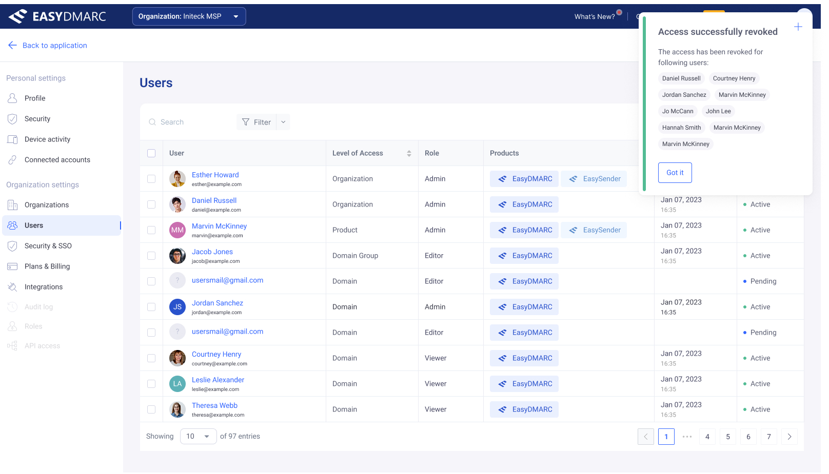 User Access Management — the Users table with a filter chip applied, narrowing the list to one role.