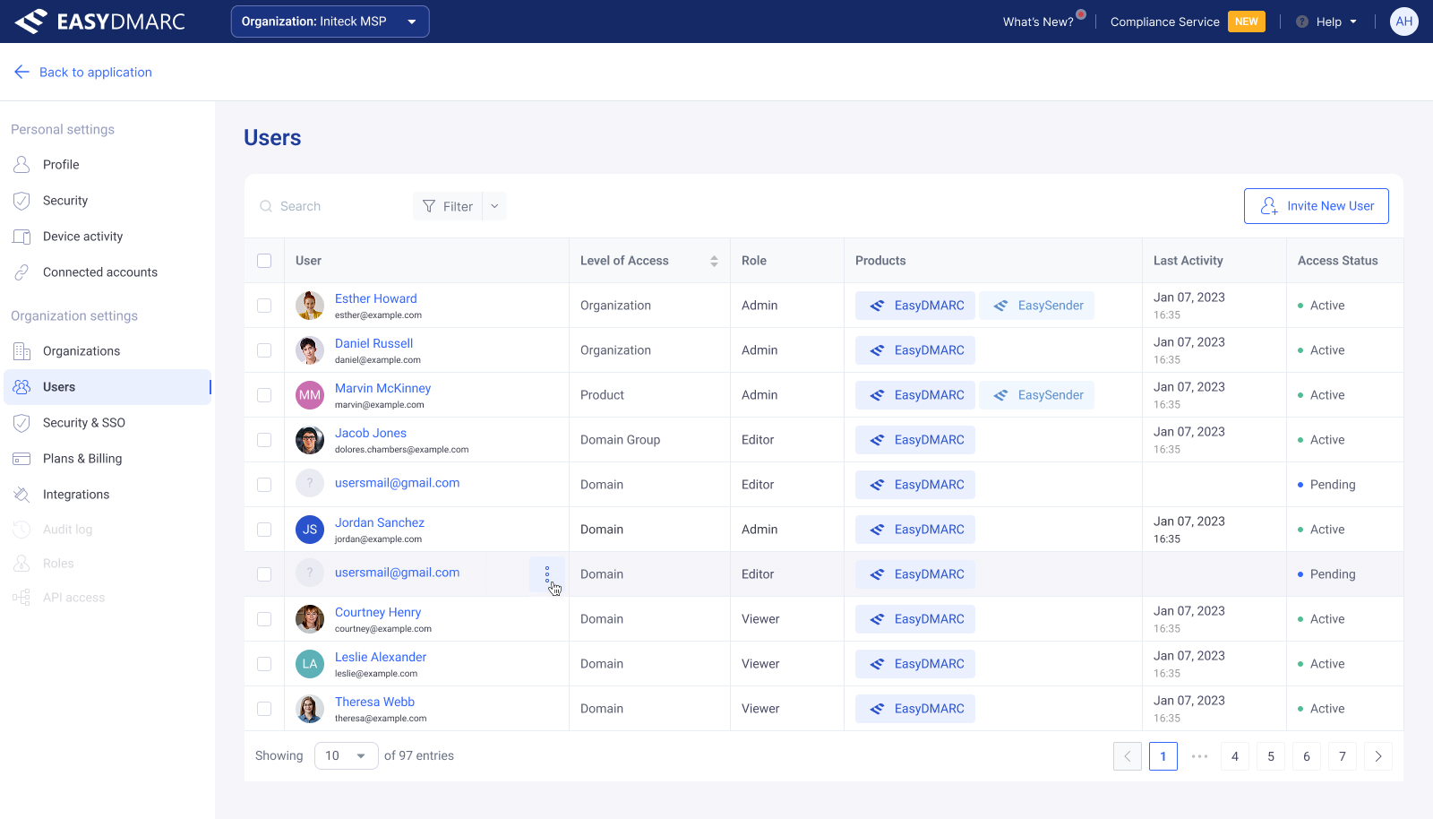 User Access Management — hover state on an inactive user row, with re-activate action surfaced.