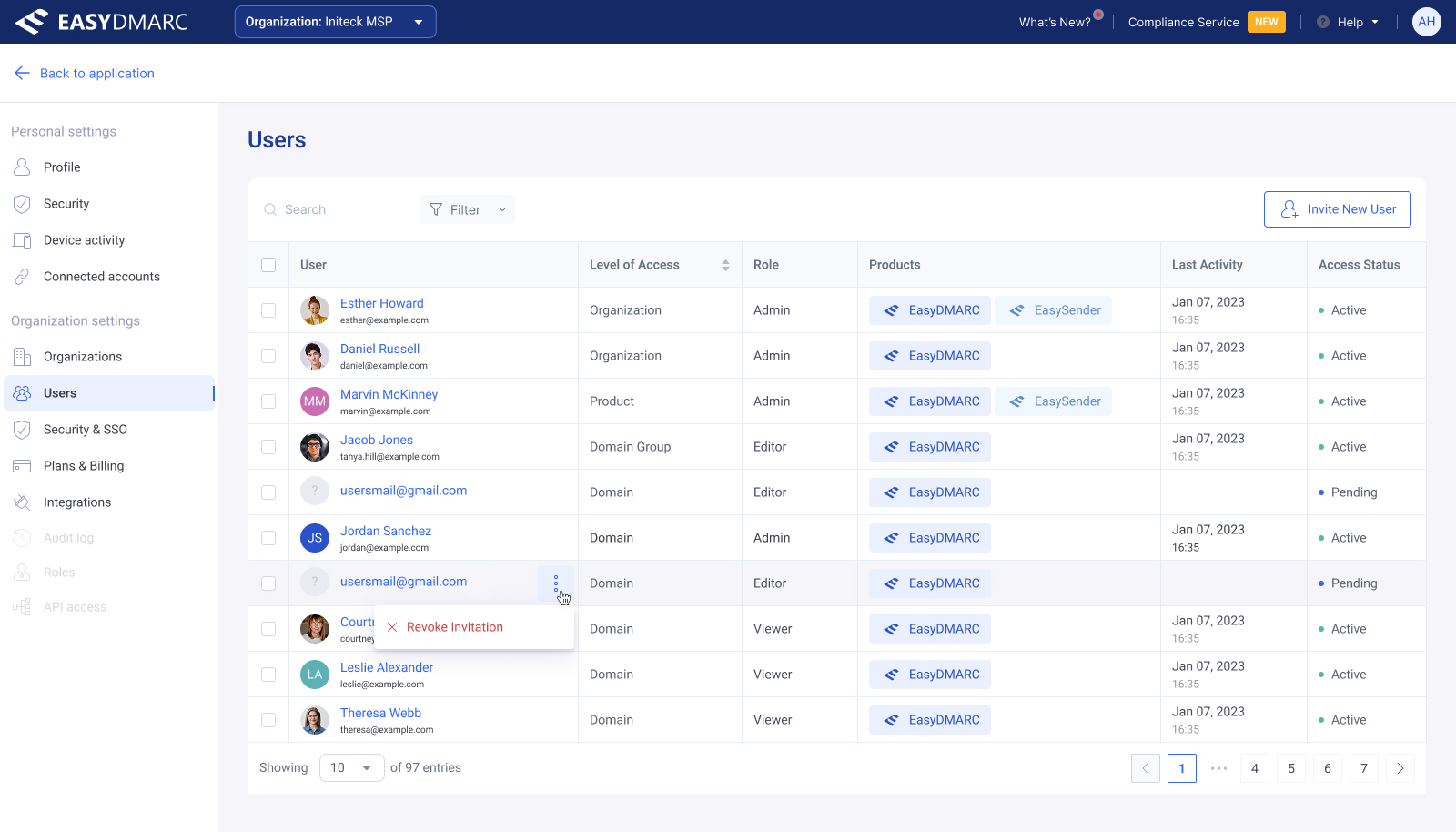 User Access Management — hover state on a pending user row, with the resend-invite action surfaced.