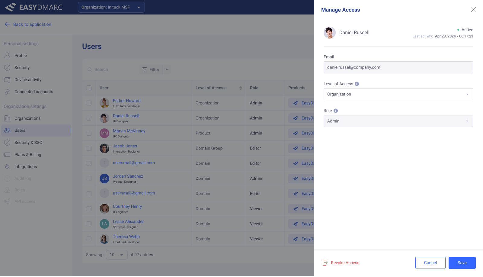 User Access Management — filter chips applied, with the table narrowed to a specific access level and role.