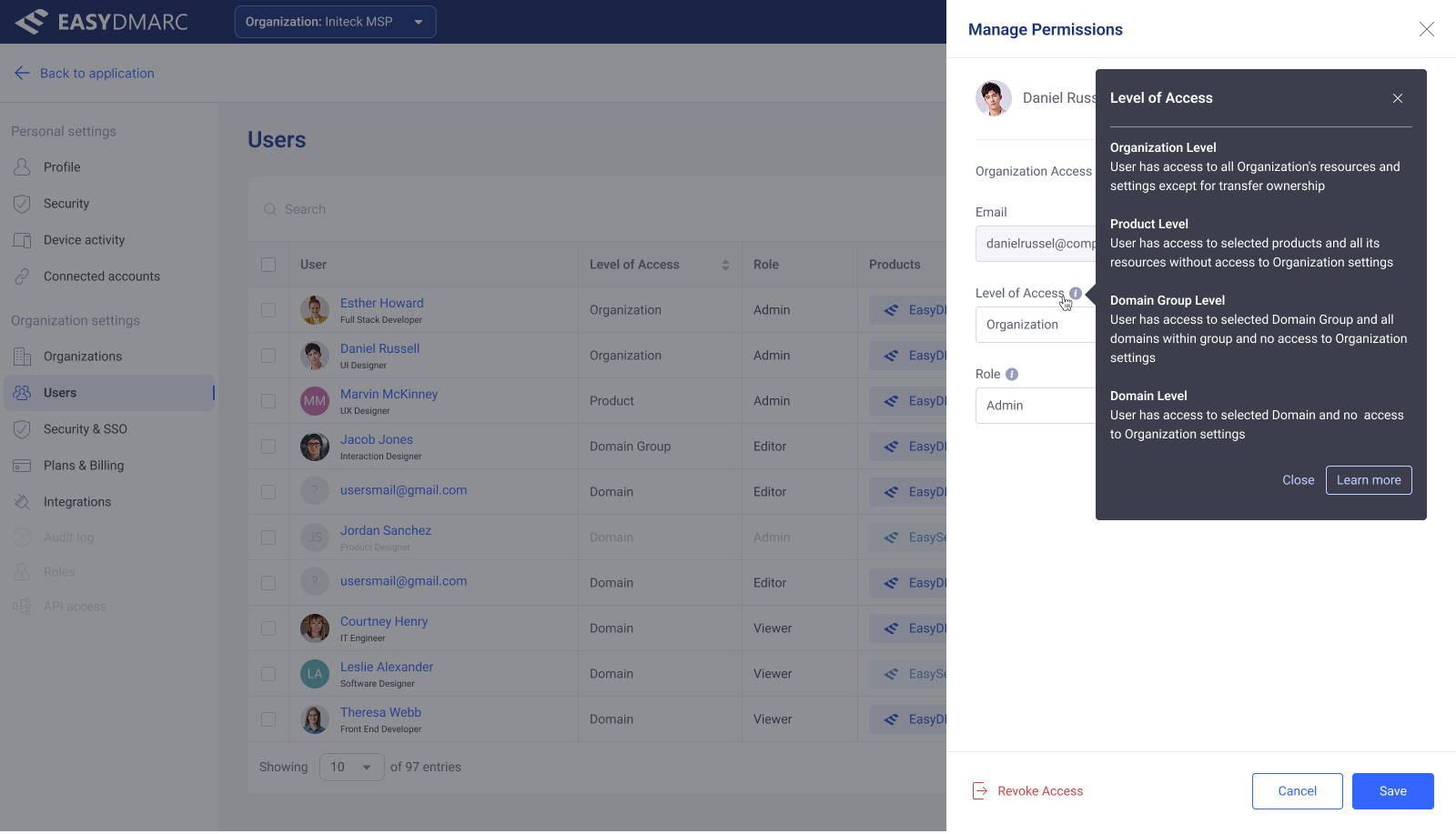 User Access Management — Filter dropdown open over the Users table, with predefined filters and a 'New filter' entry.