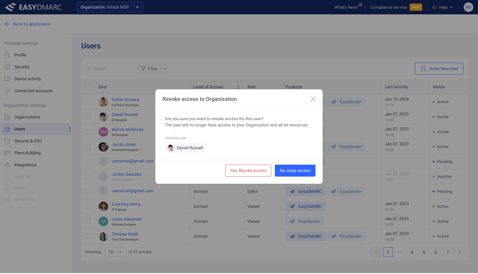 User Access Management — Advanced Filter builder, with multiple condition chips combining Level of Access, Role, Products, and Status.