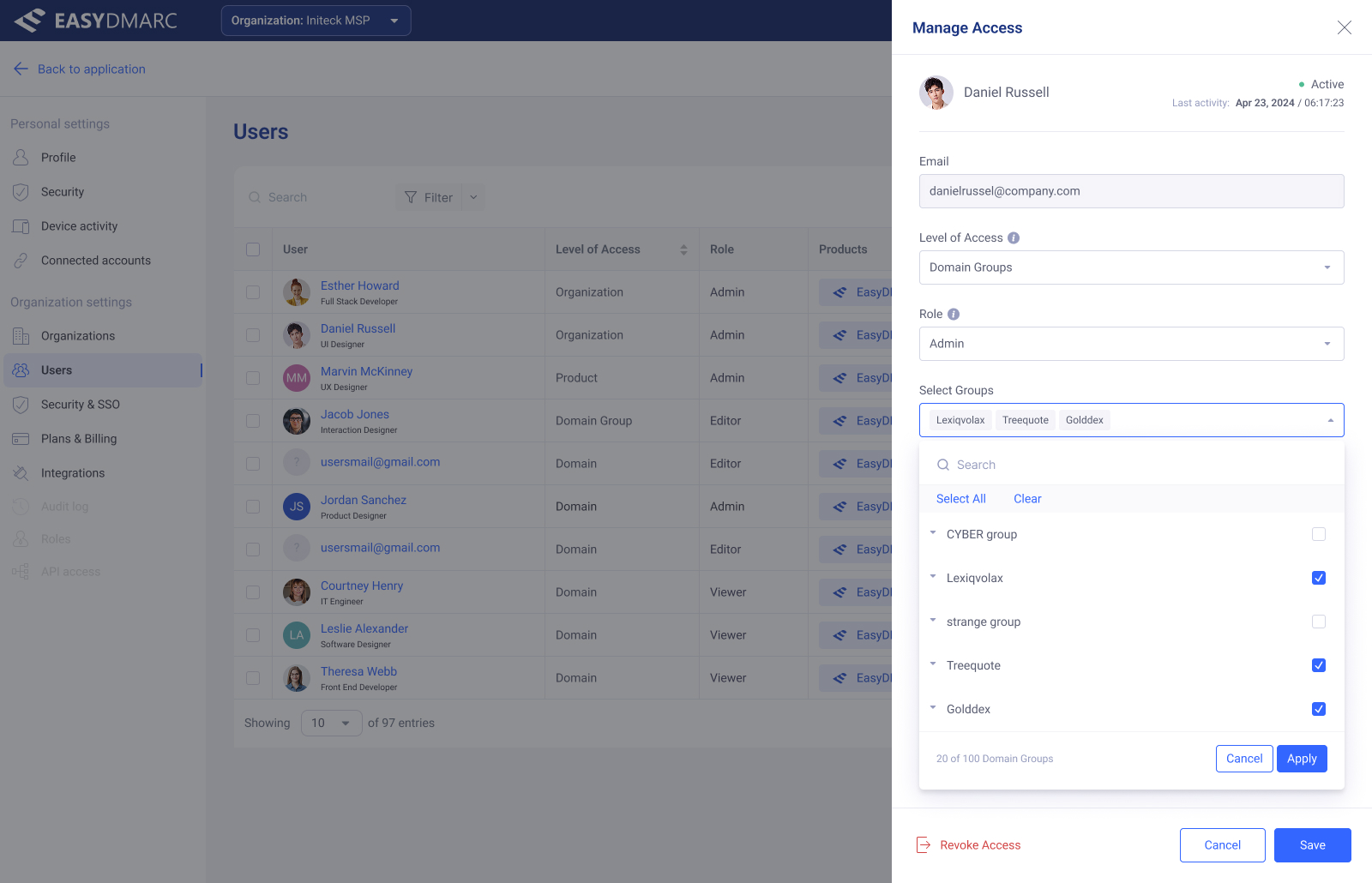 Manage Access drawer — Level of Access set to Domain, with a Select Domains multi-select dropdown open.