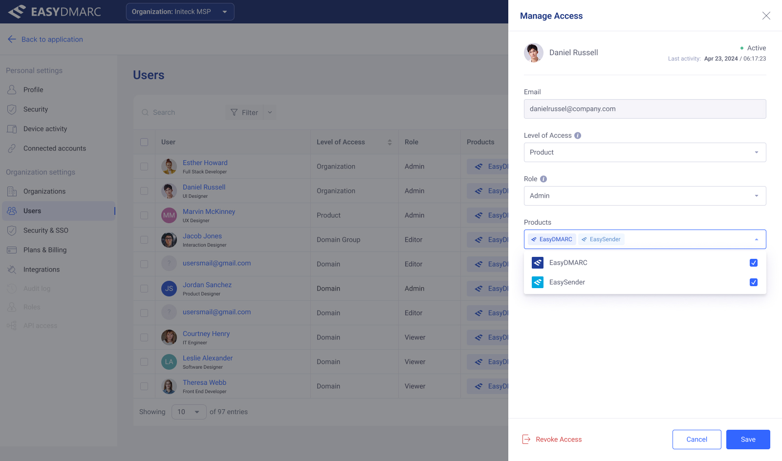 Manage Permissions drawer — per-feature permission toggles for the EasyDMARC product.