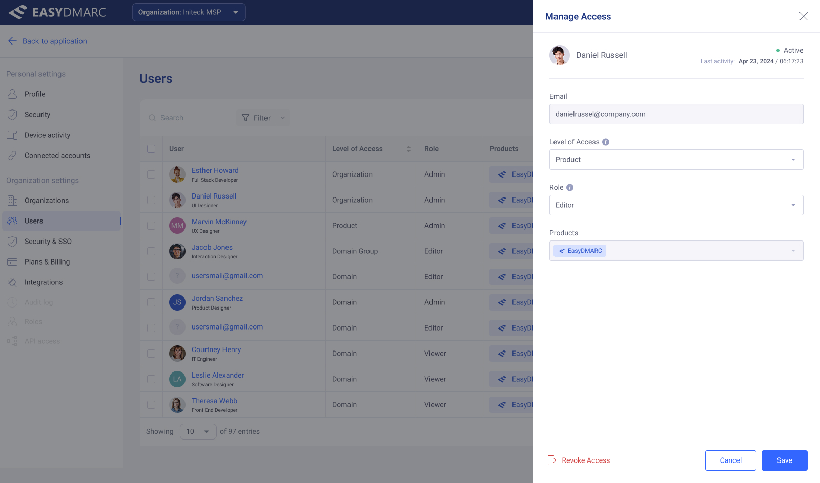 Manage Permissions drawer — toggles grouped by category with mixed enabled/disabled states.