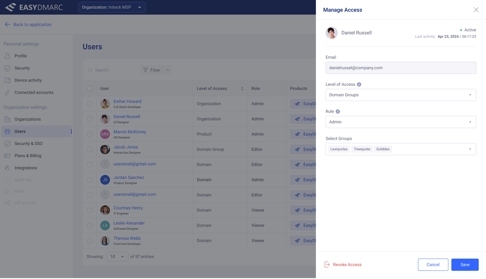 User Access Management — the Users table in a populated state, with active, pending, and inactive users visible at once.
