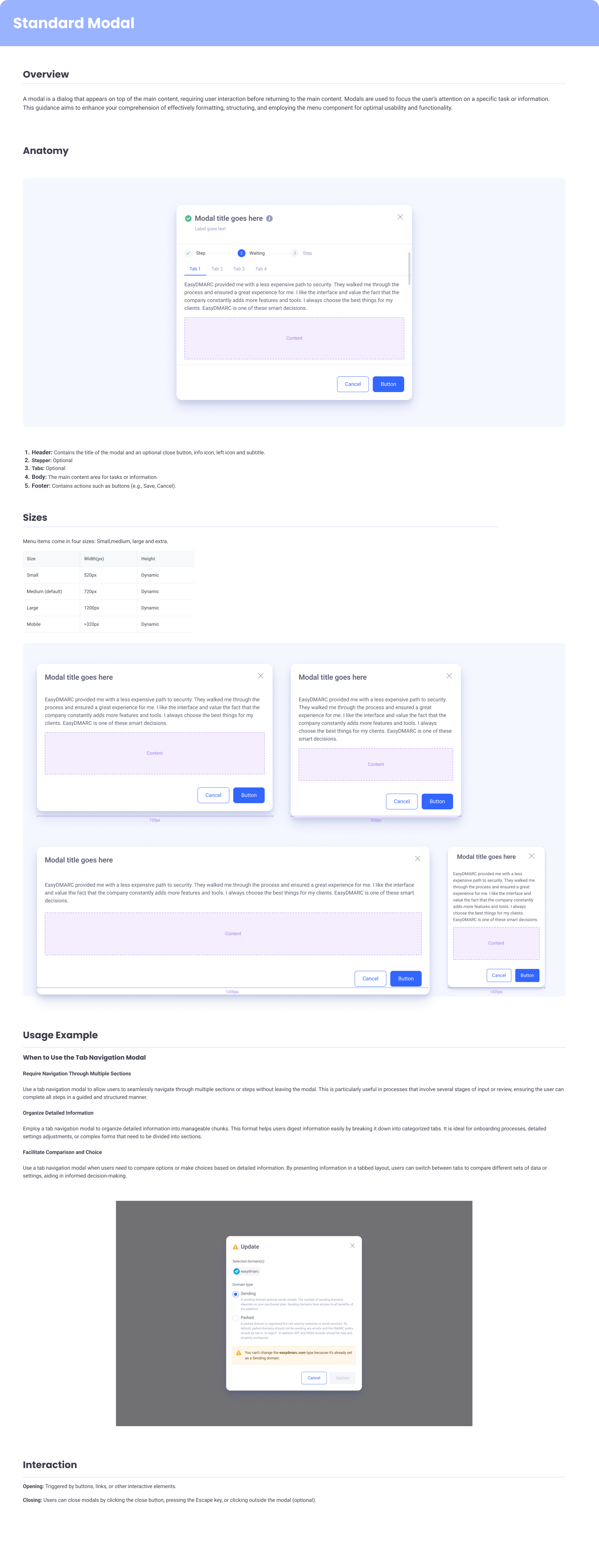 EasyDMARC modal — base pattern with header, body, primary and secondary actions.