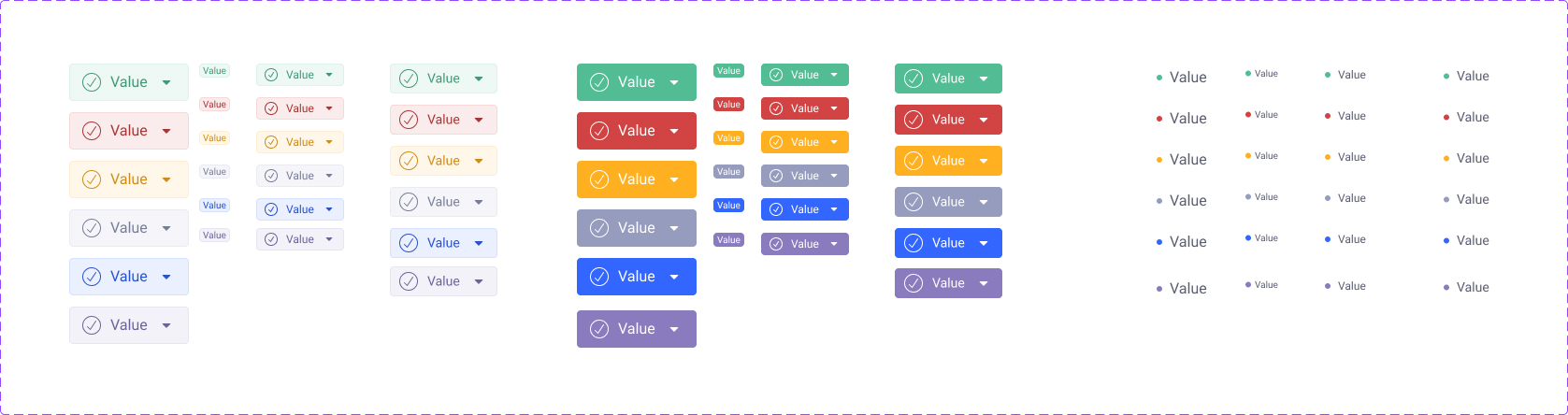 EasyDMARC status indicator — full variant set with subtle, bold, and indicator styles in success, error, warning, neutral, informative, and discovery roles, plus dropdown and dot variants.