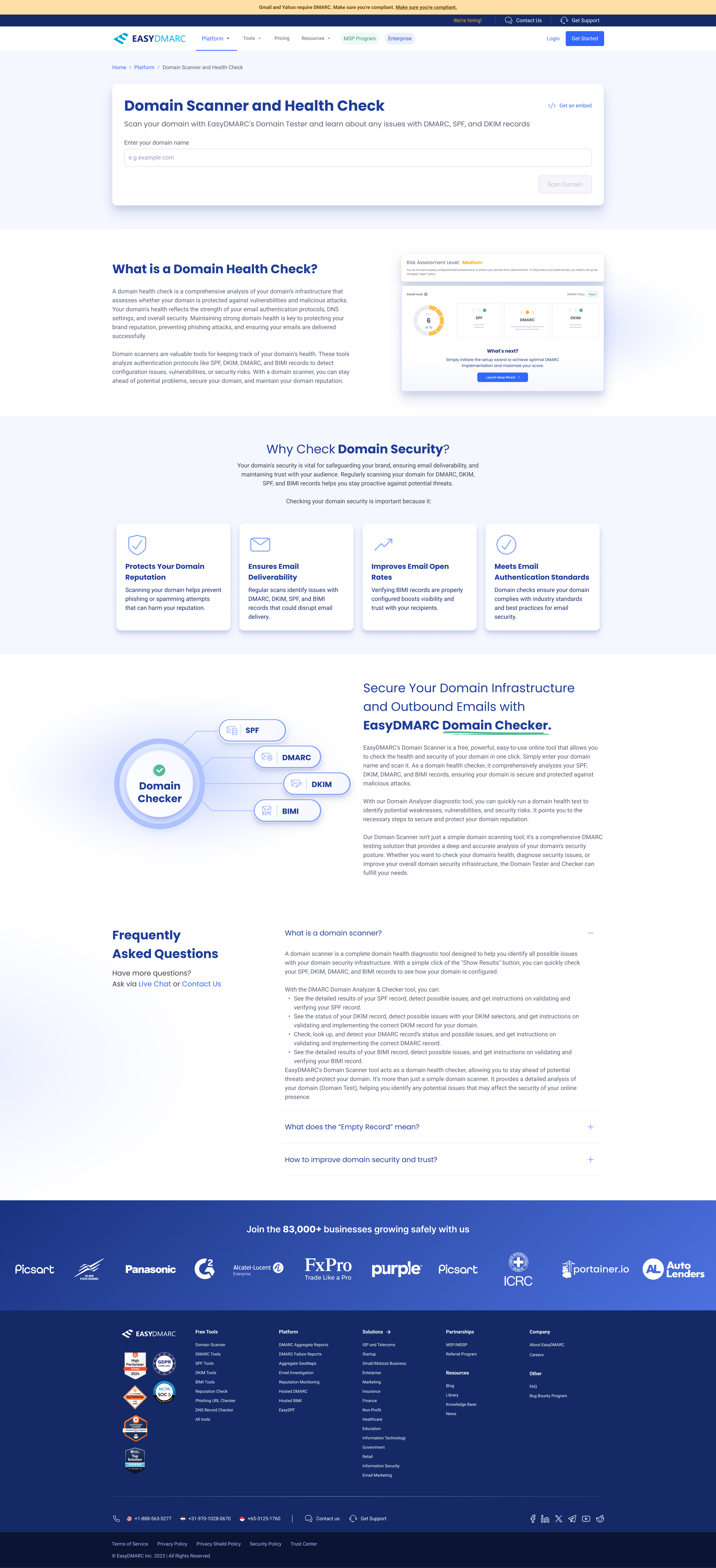 The full public Domain Scanner page, top to bottom — the global nav and a 'Domain Scanner and Health Check' scan module, a 'What is a Domain Health Check?' explainer with a sample report preview, a 'Why Check Domain Security?' section with four benefit cards, a Domain Checker diagram branching to SPF / DMARC / DKIM / BIMI, a marketing block, an FAQ, a customer logo strip (Picsart, Panasonic, G2, FxPro, and others), and the footer.