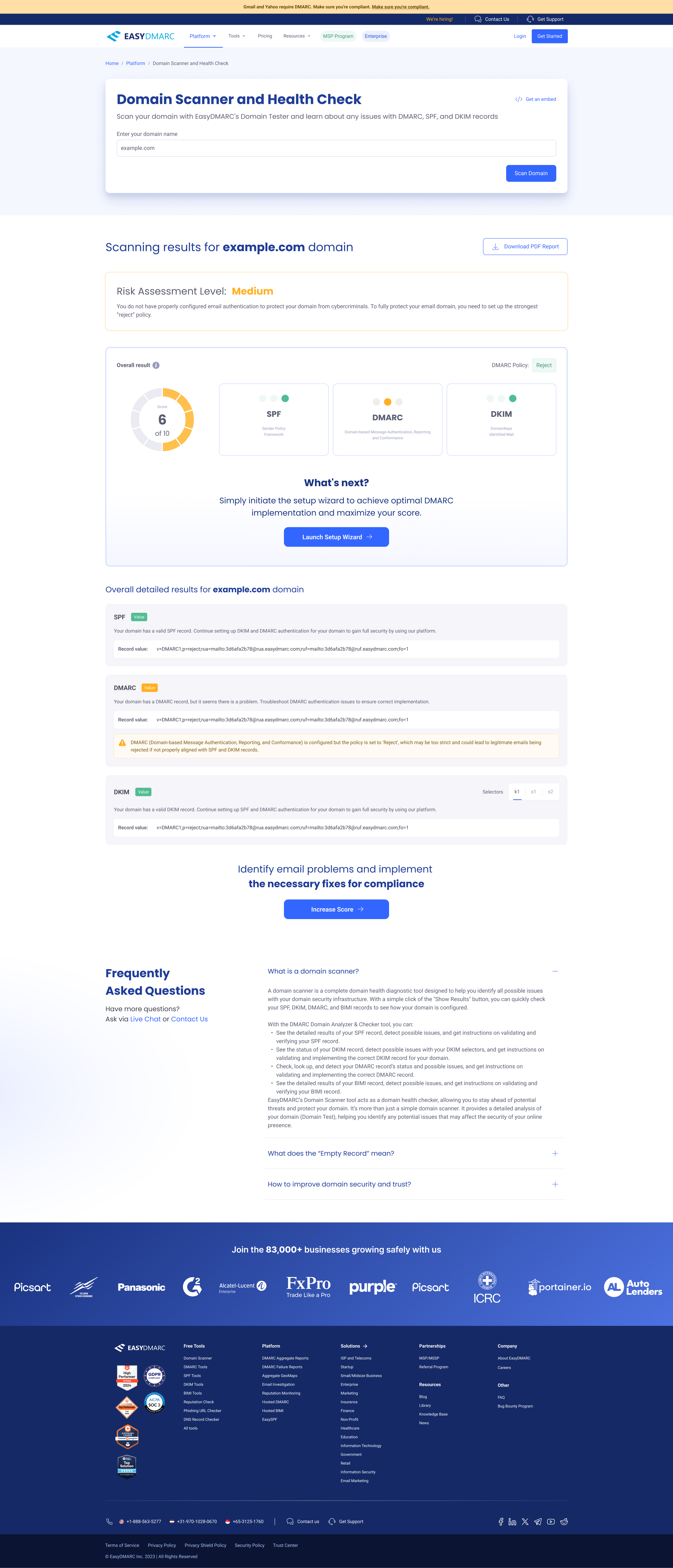 The full Domain Scanner results page, top to bottom — the scan module with example.com entered, the 'Scanning results' report (Medium risk band, score 6 of 10, SPF / DMARC / DKIM cards, Launch Setup Wizard), the 'Overall detailed results' section listing each record's value with an inline DMARC warning, an 'Identify email problems' block with an Increase Score button, the FAQ, and the footer.