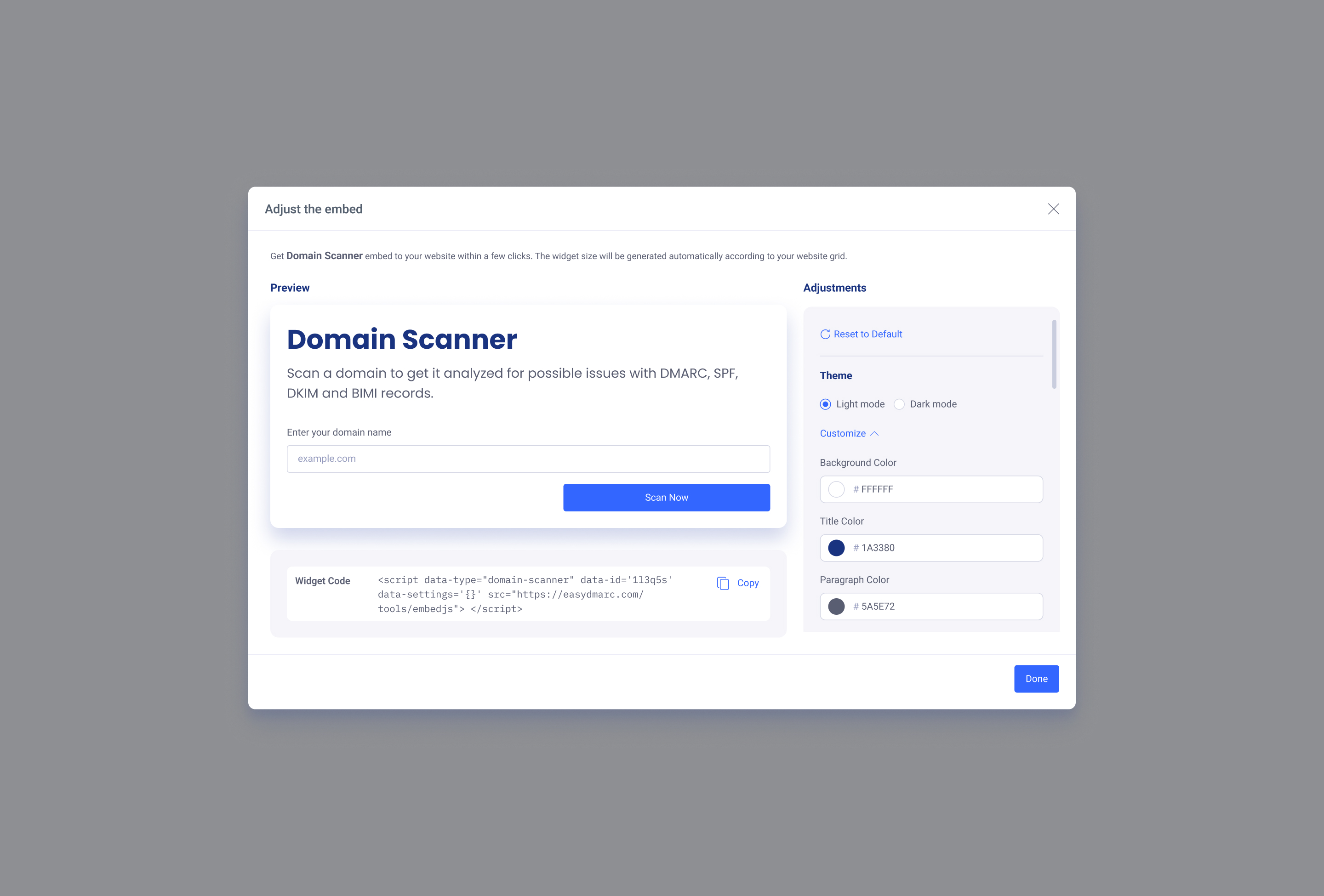 Adjust the embed modal, light theme with Customize open — the default light preview, the Adjustments panel showing Background, Title, and Paragraph color fields, and the Widget Code snippet below the preview.