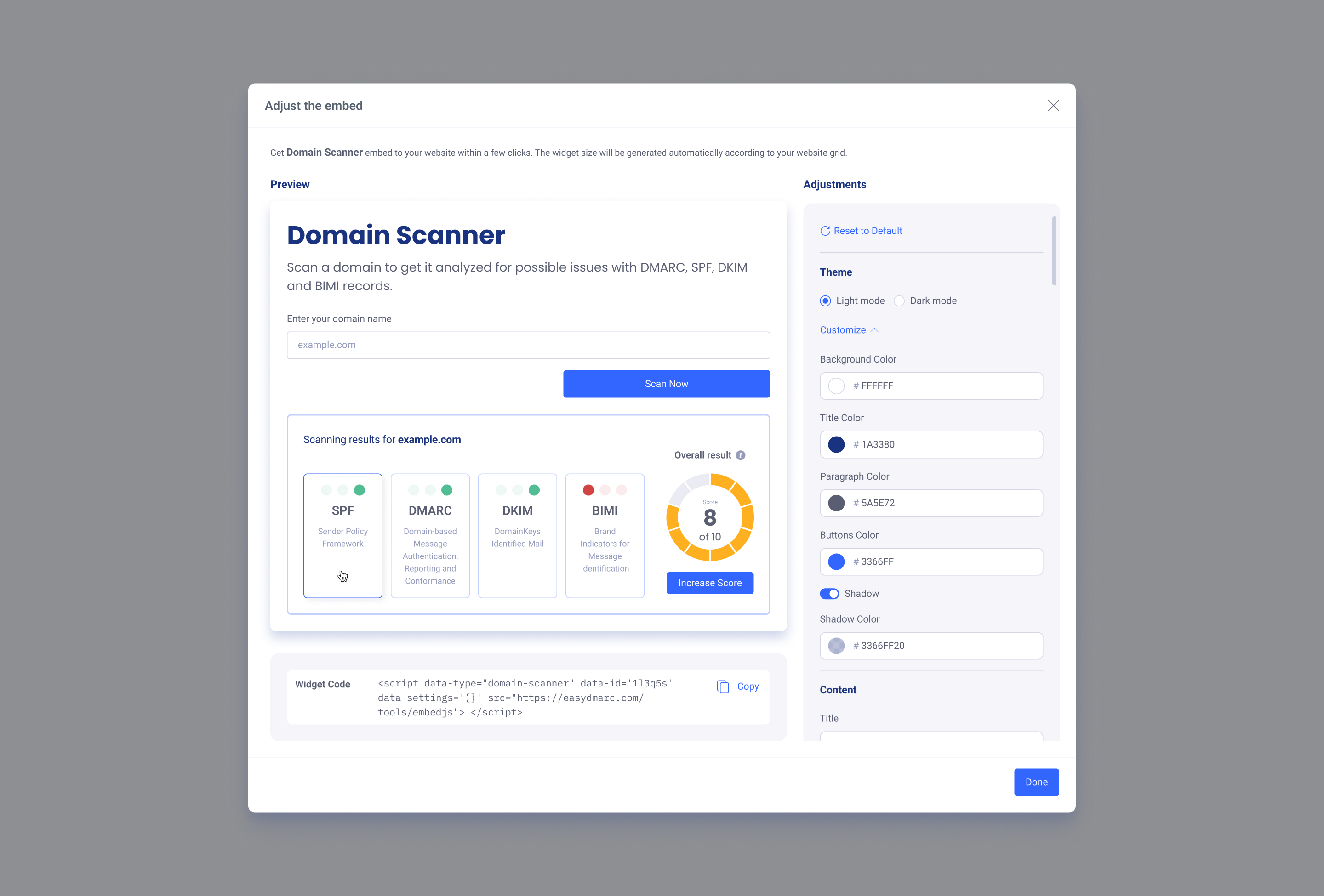 Adjust the embed modal, light theme with the full Customize panel open — Background, Title, Paragraph, Buttons and Shadow color fields plus a Shadow toggle, beside a live preview that includes a sample scan result.